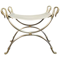 1970s Curule and Bronze Stool "Swans" Model by Maison Charles