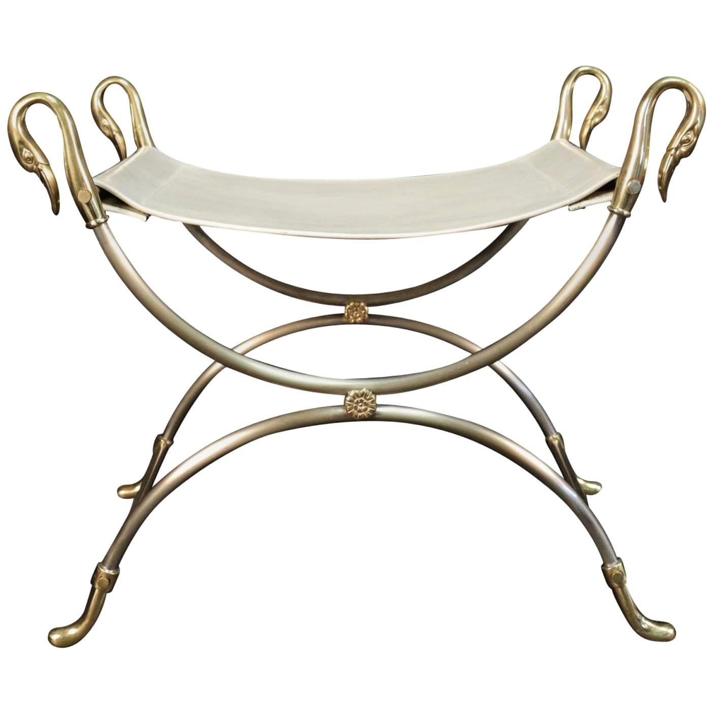 1970s Curule and Bronze Stool "Swans" Model by Maison Charles