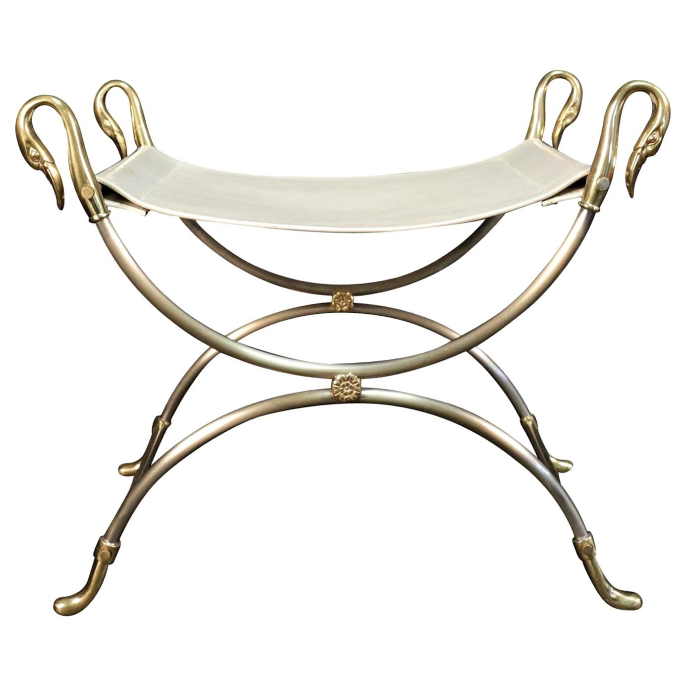 1970s Curule and Bronze Stool "Swans" Model by Maison Charles