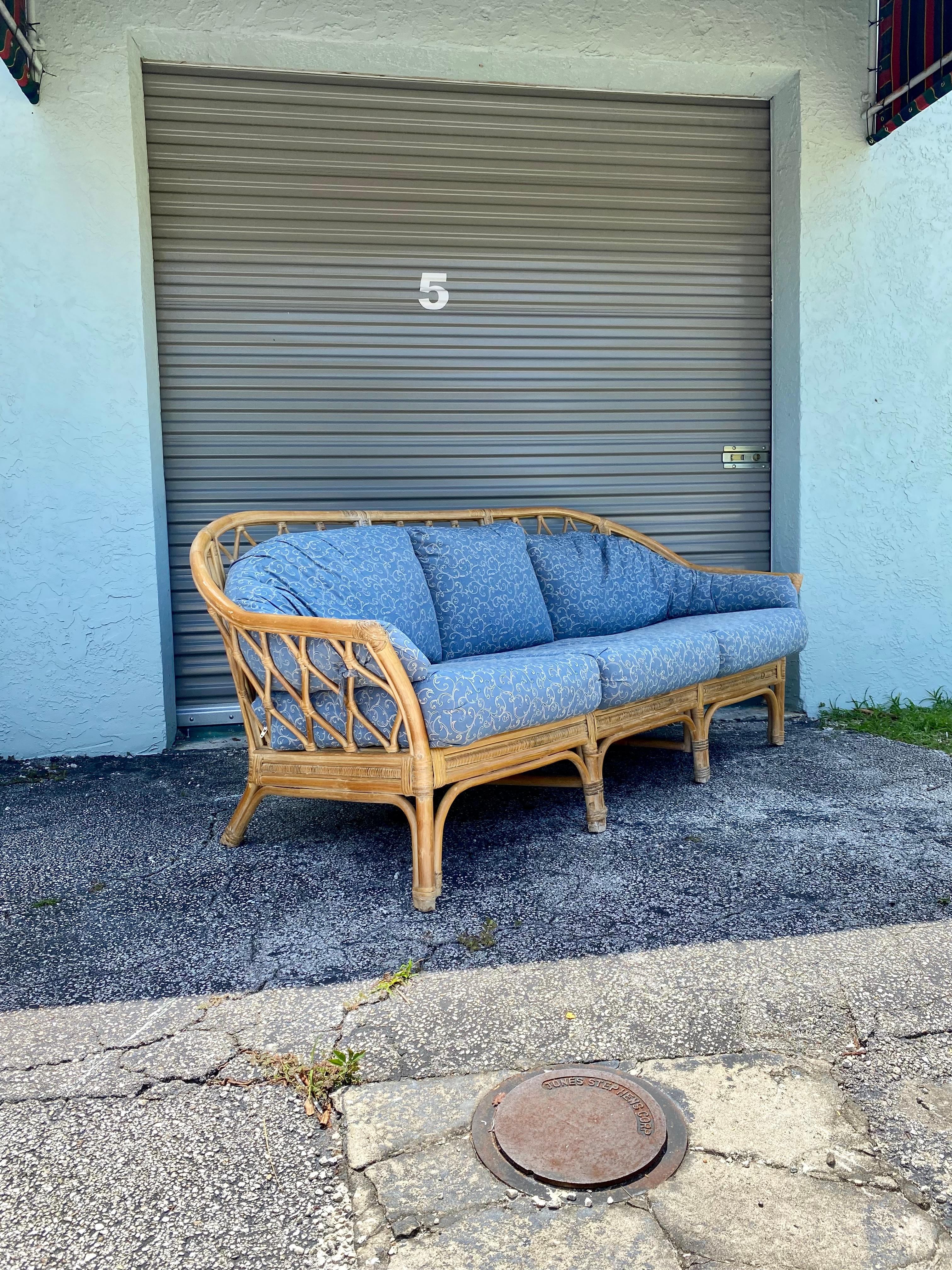 Late 20th Century 1970s Curved Sculptural Rattan Denim Blue Sofa For Sale