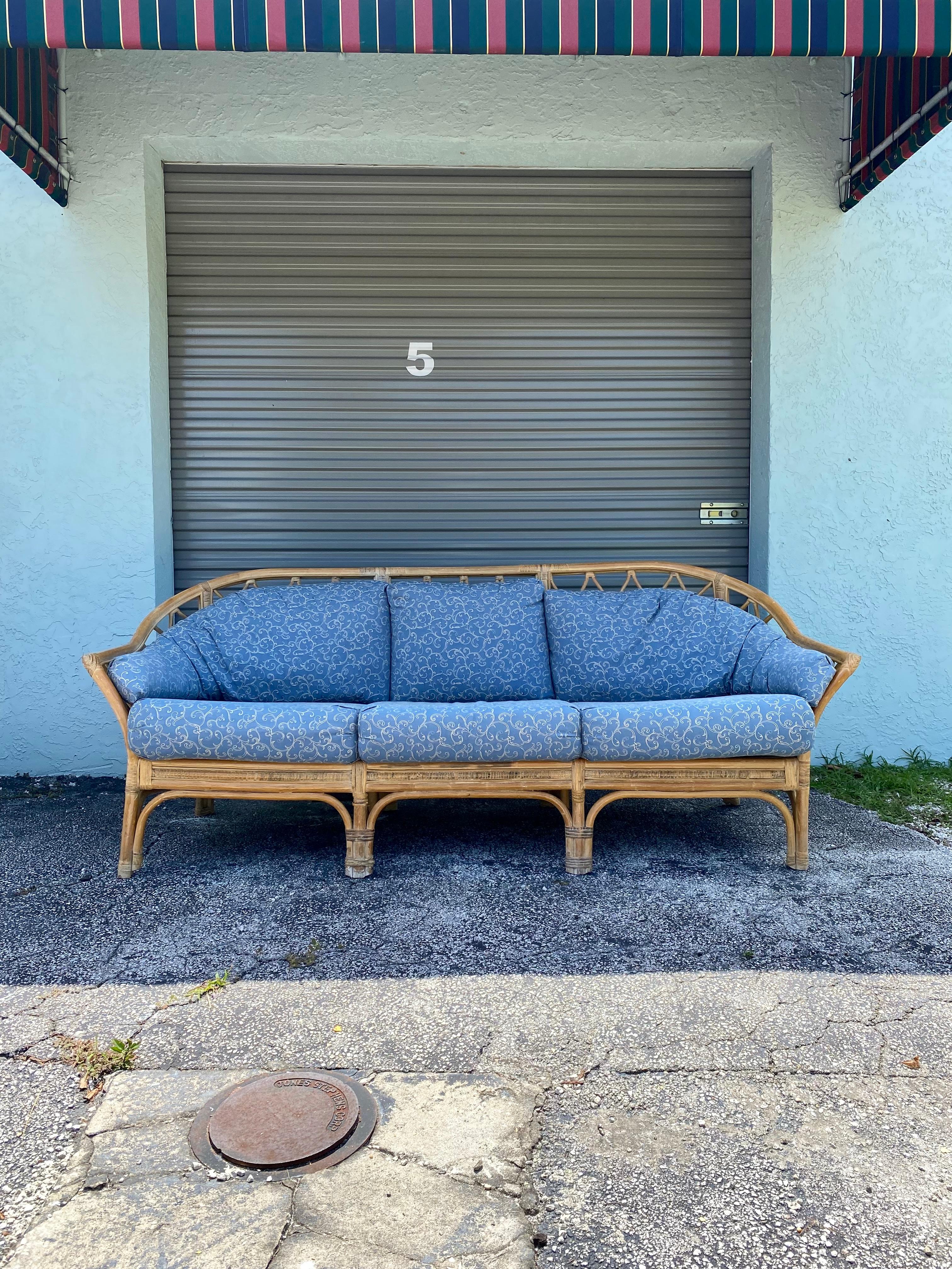 Upholstery 1970s Curved Sculptural Rattan Denim Blue Sofa For Sale