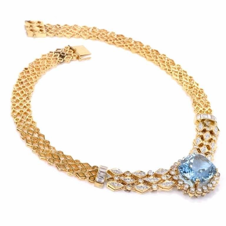 1970s Cushion Aquamarine Diamond Gold Choker Necklace 1