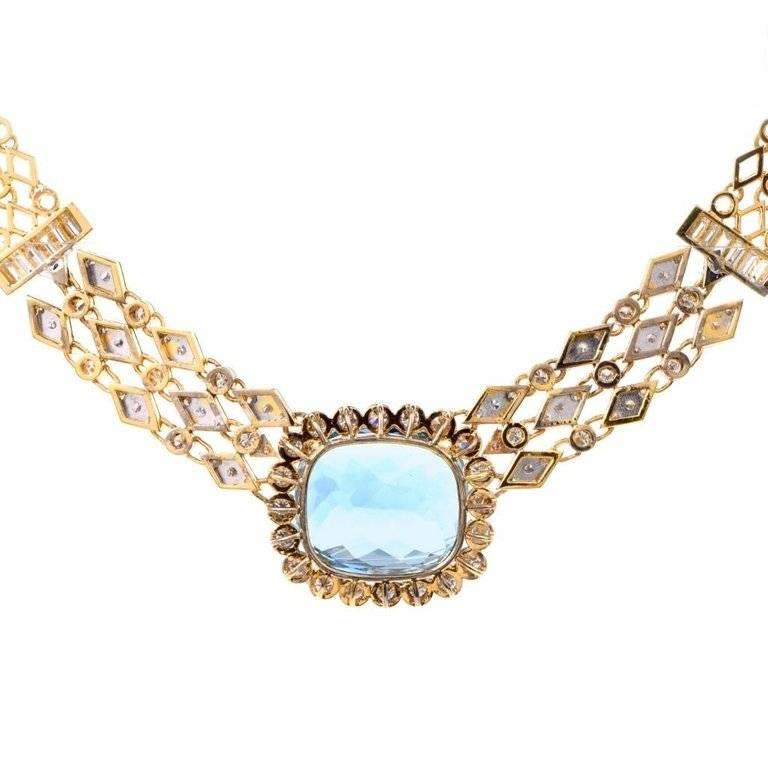 1970s Cushion Aquamarine Diamond Gold Choker Necklace 2