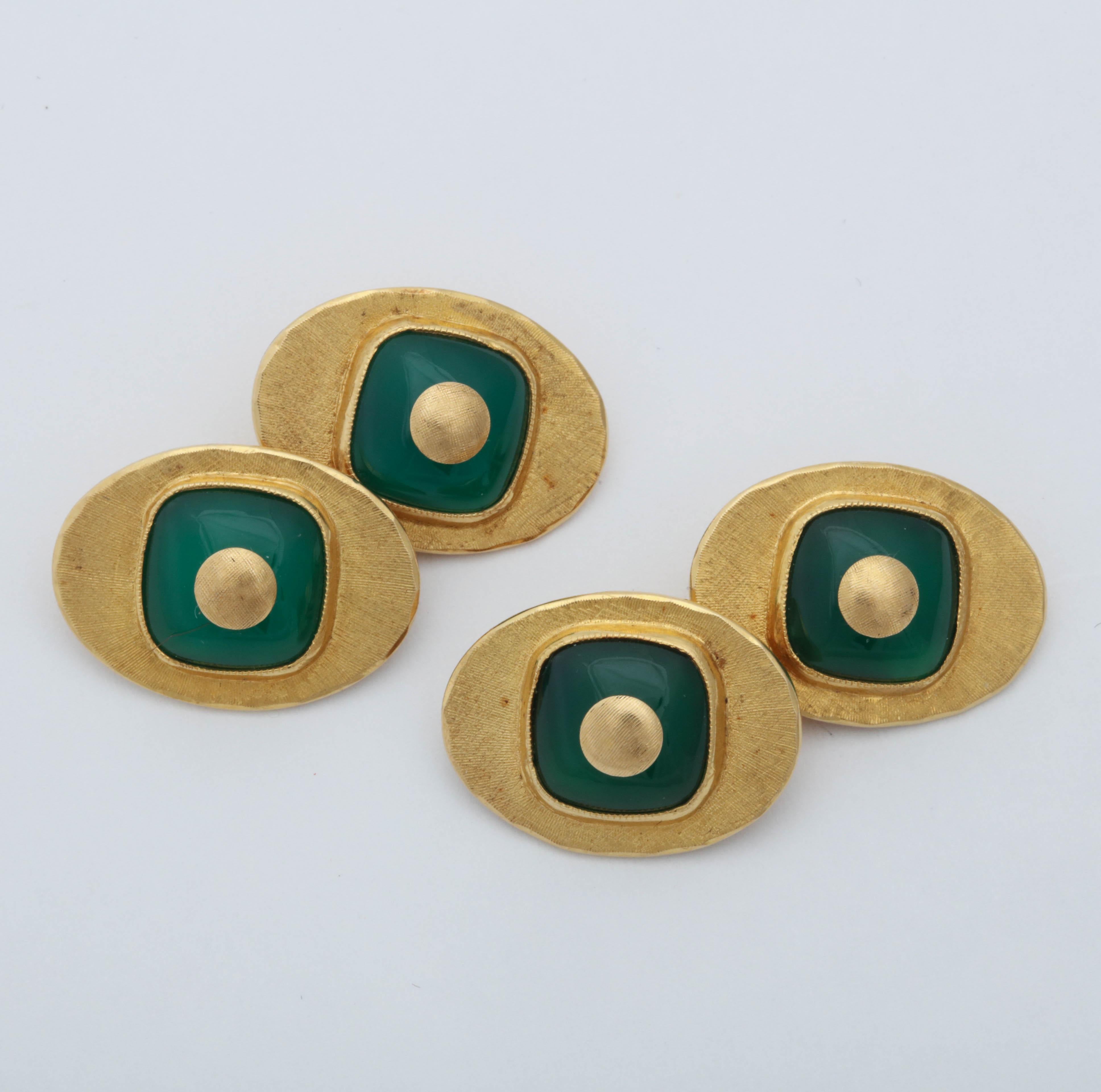 One Pair Of Gentleman's 18kt Brushed Gold Doublesided Cufflinks Centering Four Custom Cut Buff Cut Chrysoprase ,Green Chalcedony Stones. Each Stone Centering Four 18kt Gold Pellet Pieces. Designed In Italy I The 1970's.