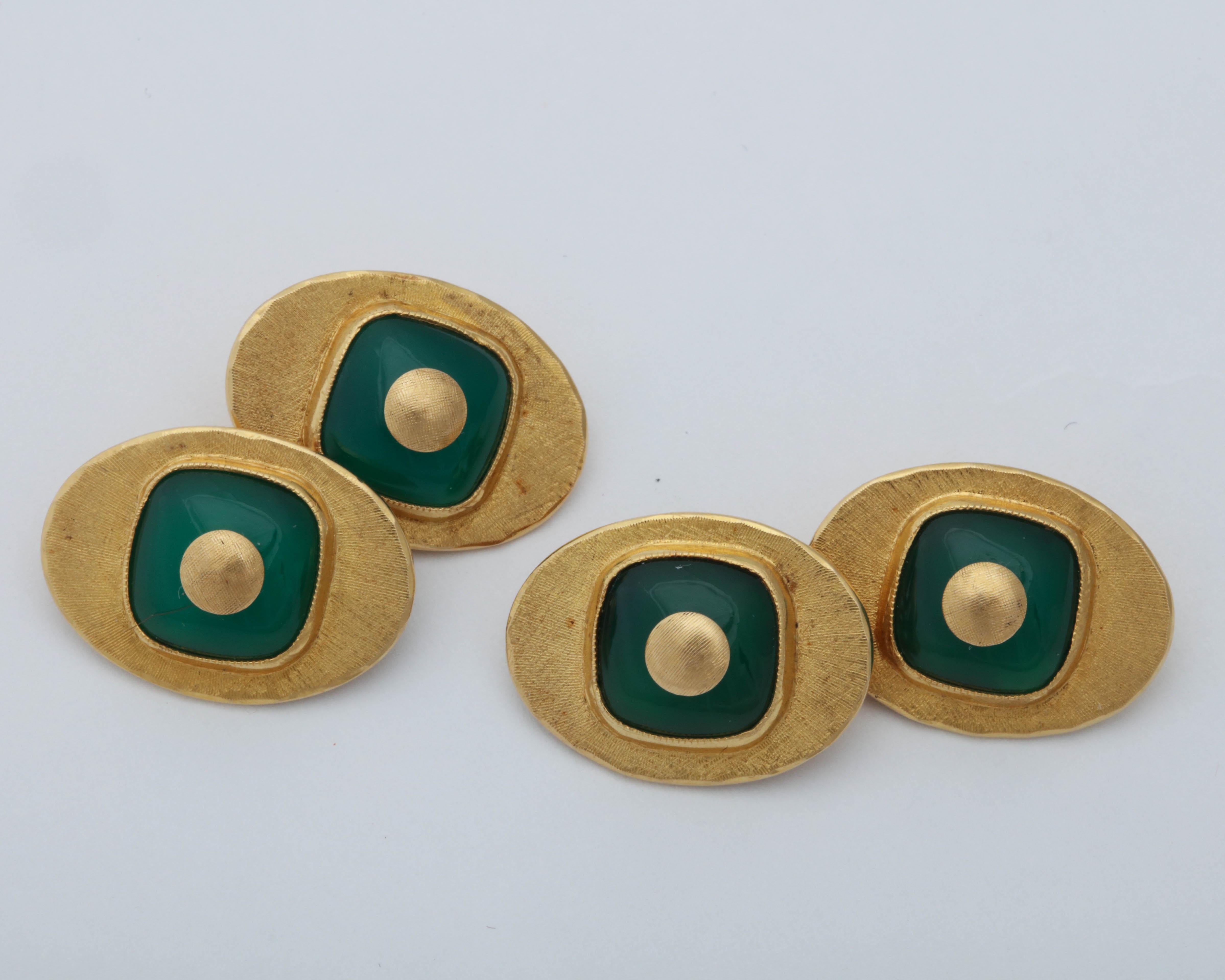 Men's 1970s Custom Cut Green Onyx with Brushed Gold Double-Sided Cufflinks For Sale