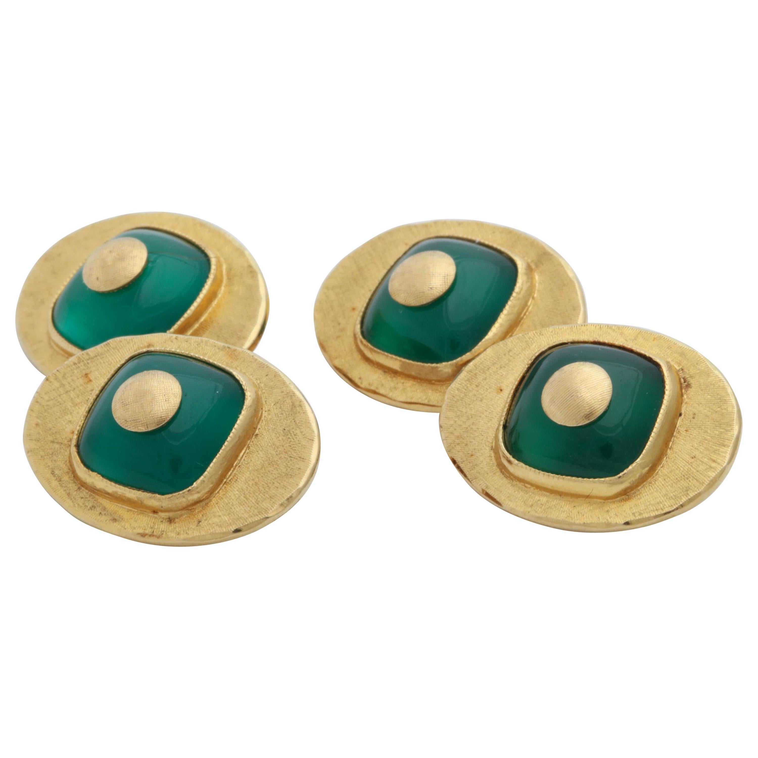 1970s Custom Cut Green Onyx with Brushed Gold Double-Sided Cufflinks For Sale