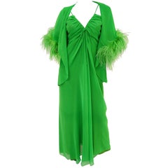  1970s Custom Isabel Gerhart Green Evening Dress with Ostrich Feather Bolero