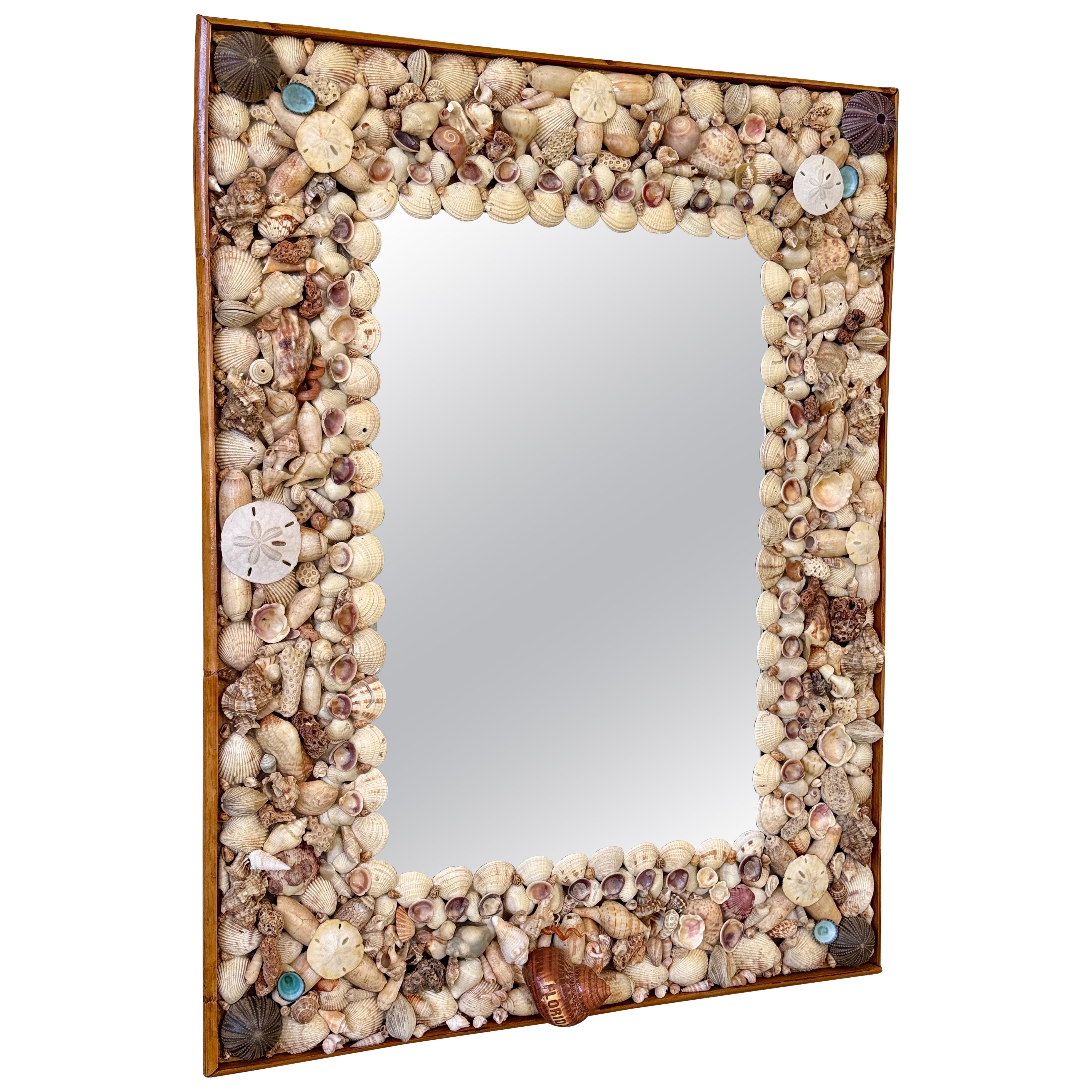 1970’s Custom Organic Coastal Seashell Mirror With Refinished Rattan Trim