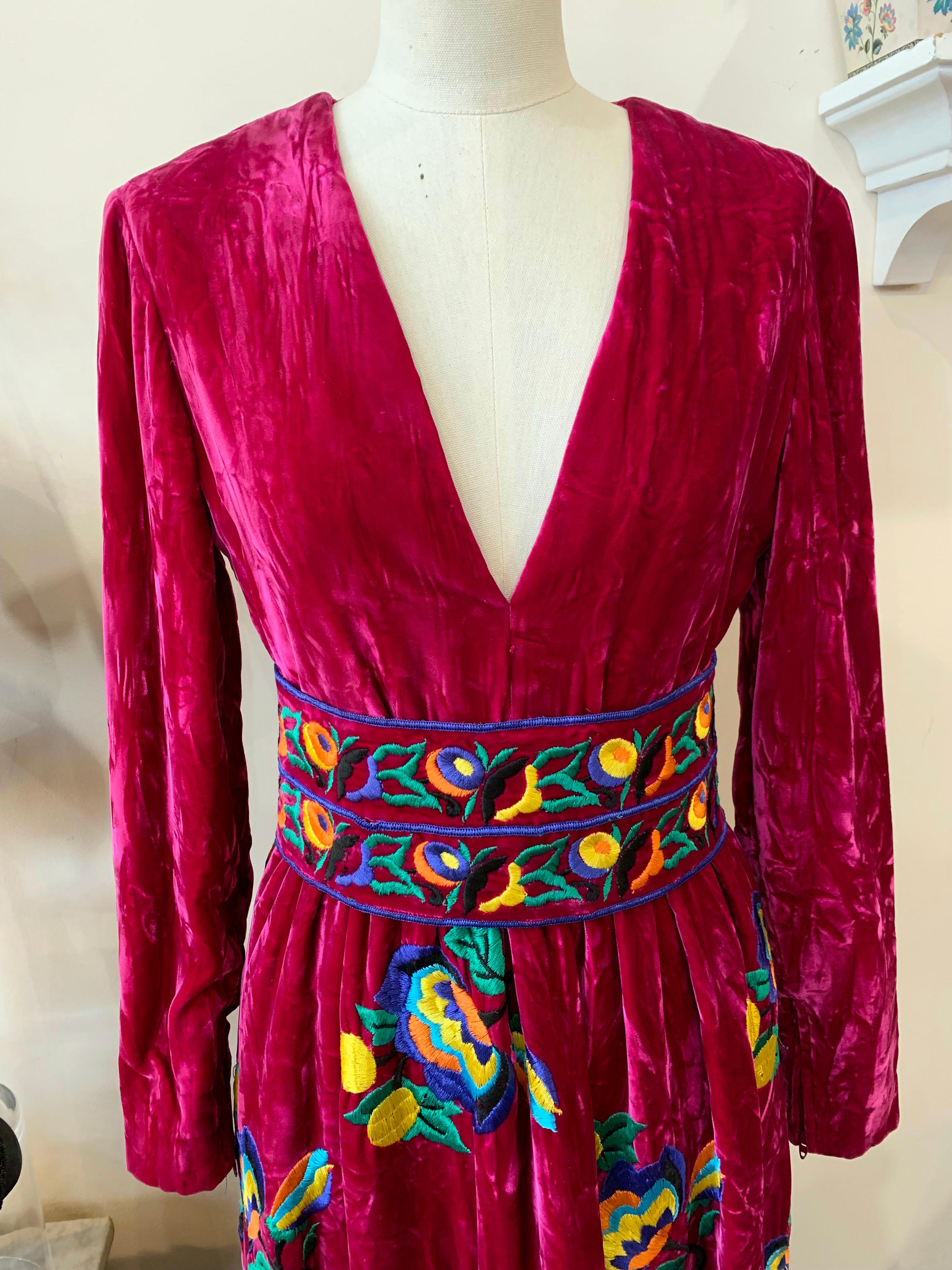 1970s Custom Oscar de la Renta Burgundy Crush Velvet Floral Embroidered Gown For Sale 1