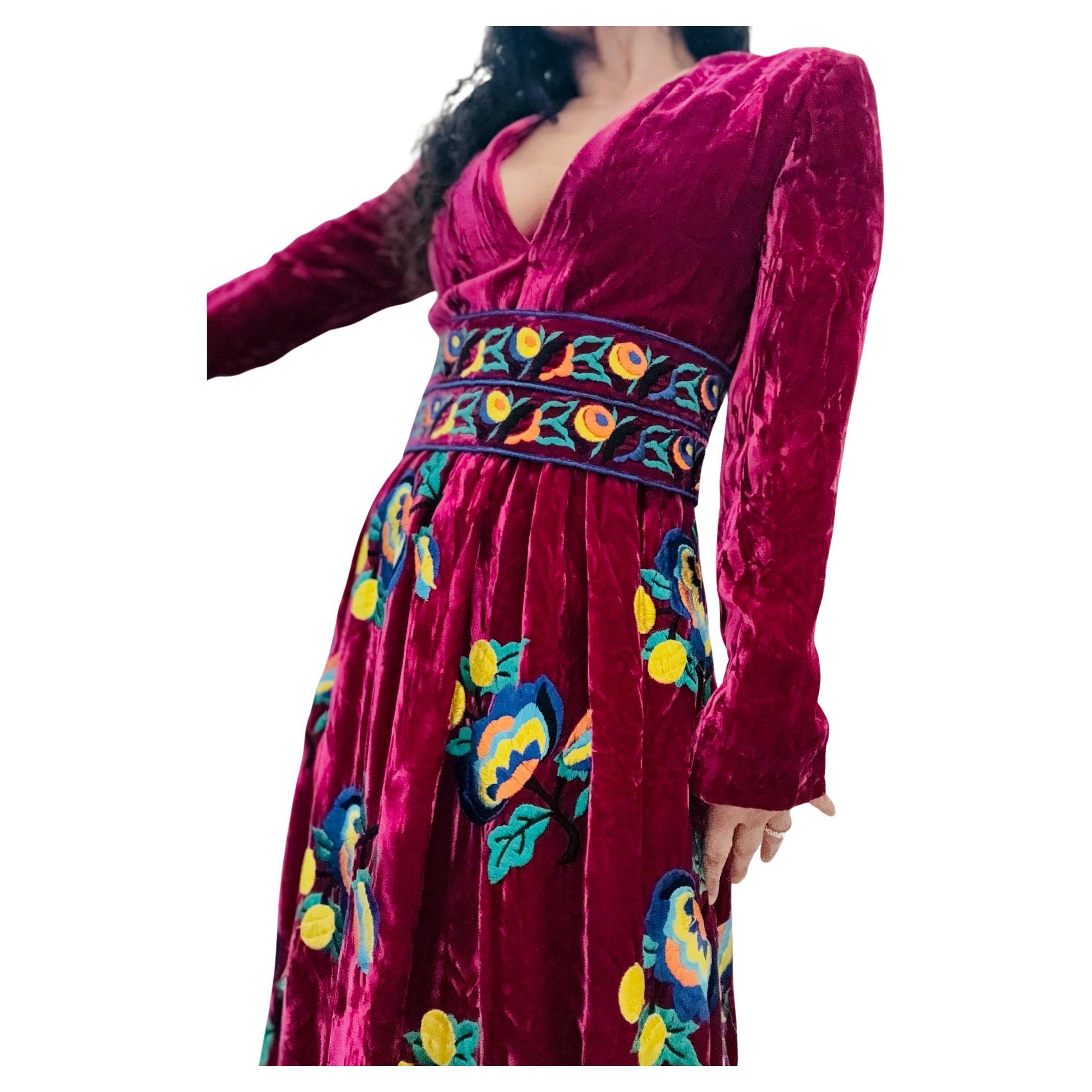 1970s Custom Oscar de la Renta Burgundy Crush Velvet Floral Embroidered Gown For Sale