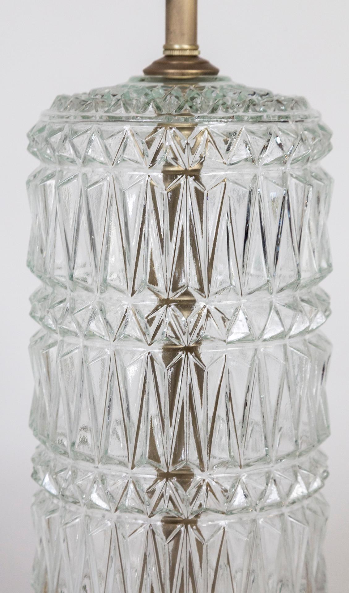 Hollywood Regency 1970s Cylindrical Quilted Pressed Glass & Pewter Lamp