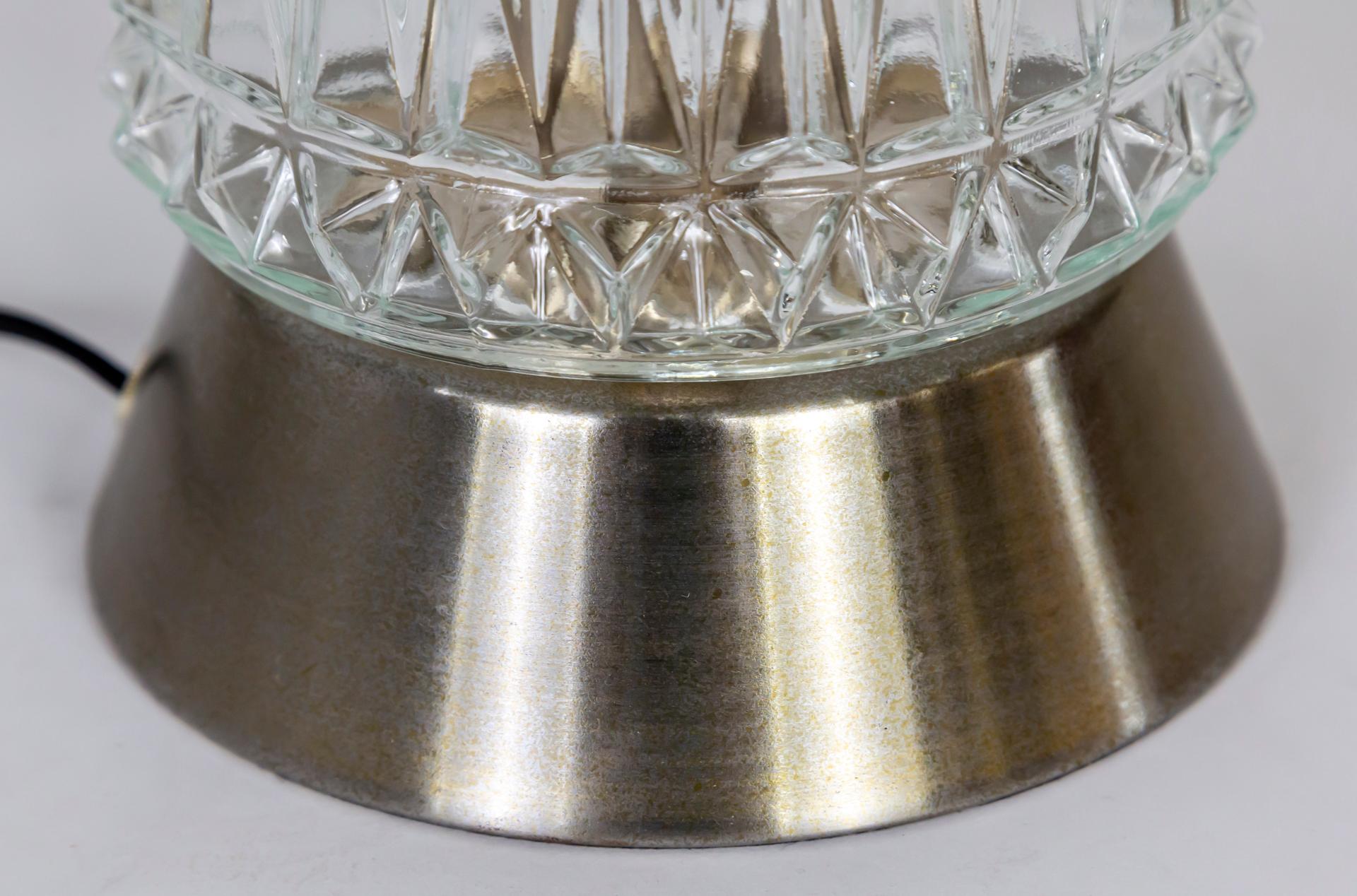 1970s Cylindrical Quilted Pressed Glass & Pewter Lamp In Good Condition In San Francisco, CA