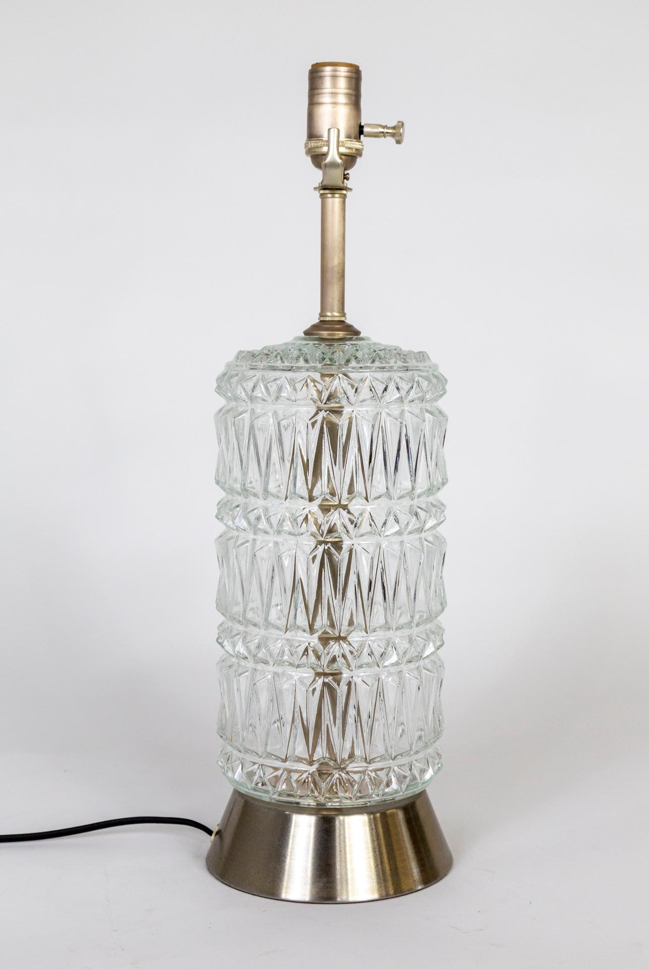 Late 20th Century 1970s Cylindrical Quilted Pressed Glass & Pewter Lamp