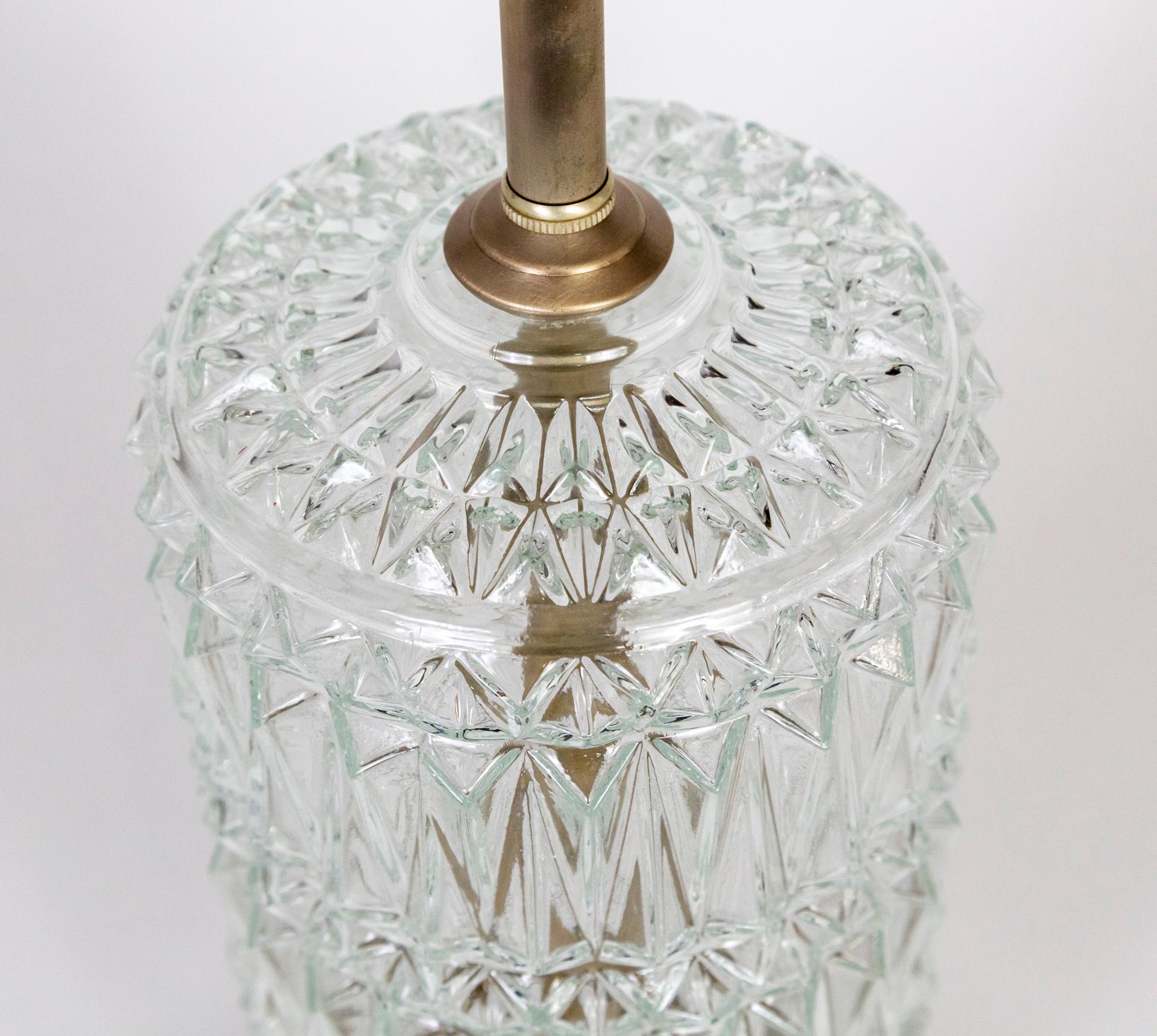 1970s Cylindrical Quilted Pressed Glass & Pewter Lamp 1