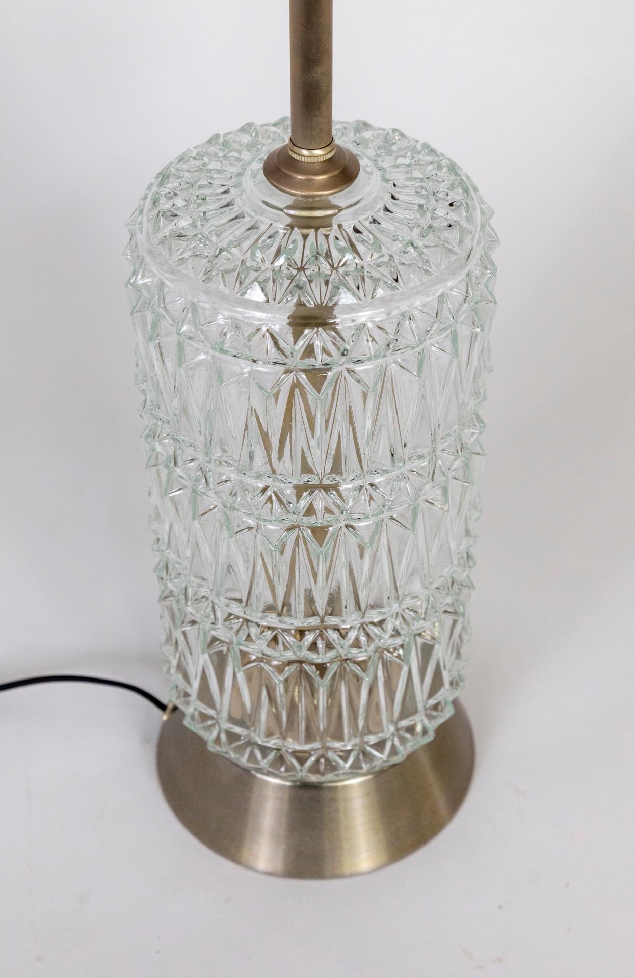 1970s Cylindrical Quilted Pressed Glass & Pewter Lamp 2