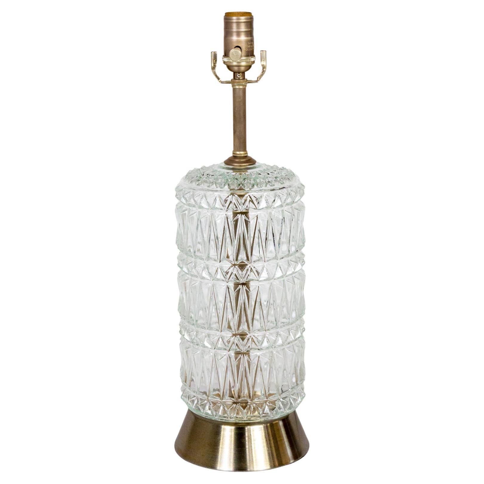 1970s Cylindrical Quilted Pressed Glass & Pewter Lamp