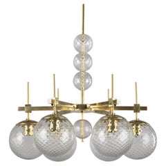 1970s Czech Brass and Textured Glass Chandelier, Bohemian