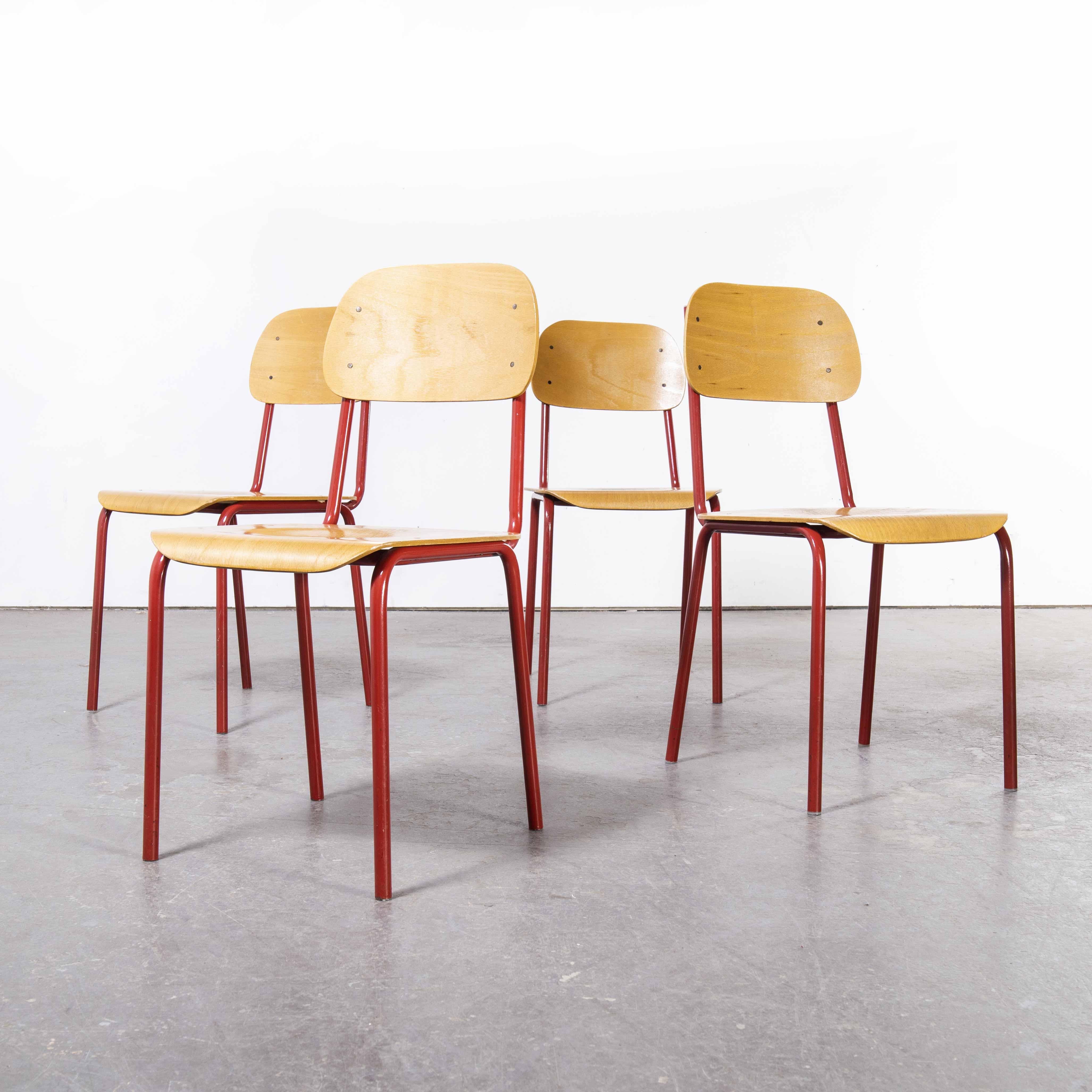 1970’s Czech industrial stacking chairs – red – set of four
1970’s Czech industrial stacking chairs – red – set of four. Robust industrial style chairs typically used in schools and commercial venues in the Czech republic. Good weight steel frames