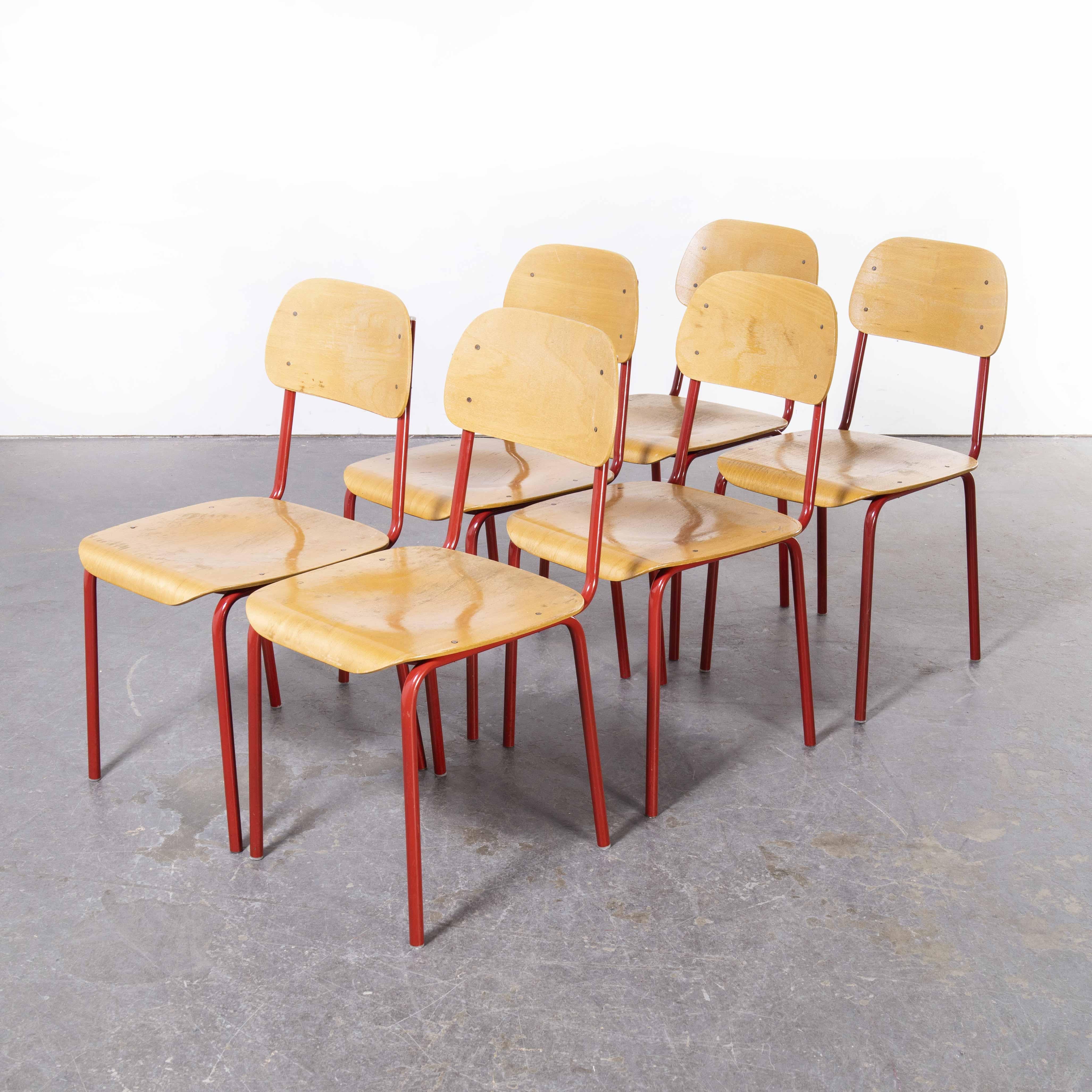 1970’s Czech industrial stacking chairs – red – set of six
1970’s Czech industrial stacking chairs – red – set of six. Robust industrial style chairs typically used in schools and commercial venues in the Czech republic. Good weight steel frames