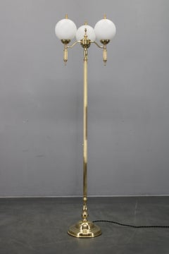 1970s Czechoslovak Floor Lamp in Brass with Milky Glass Shades