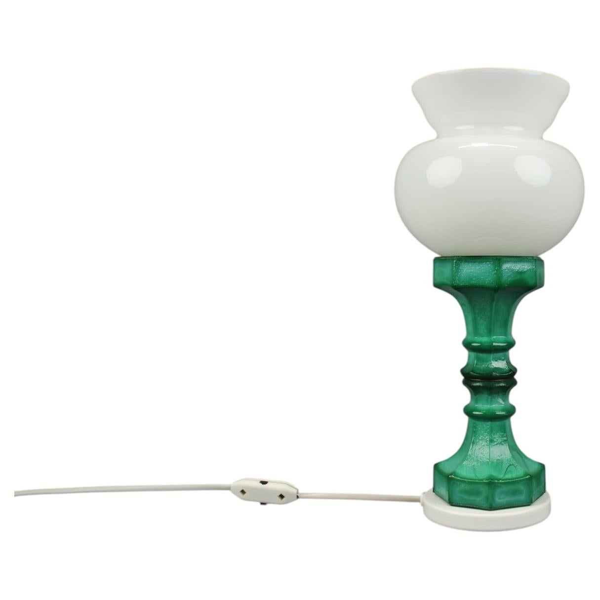 1970s Czechoslovak Malachite Style Pressed Glass and Opaline Table Lamp For Sale