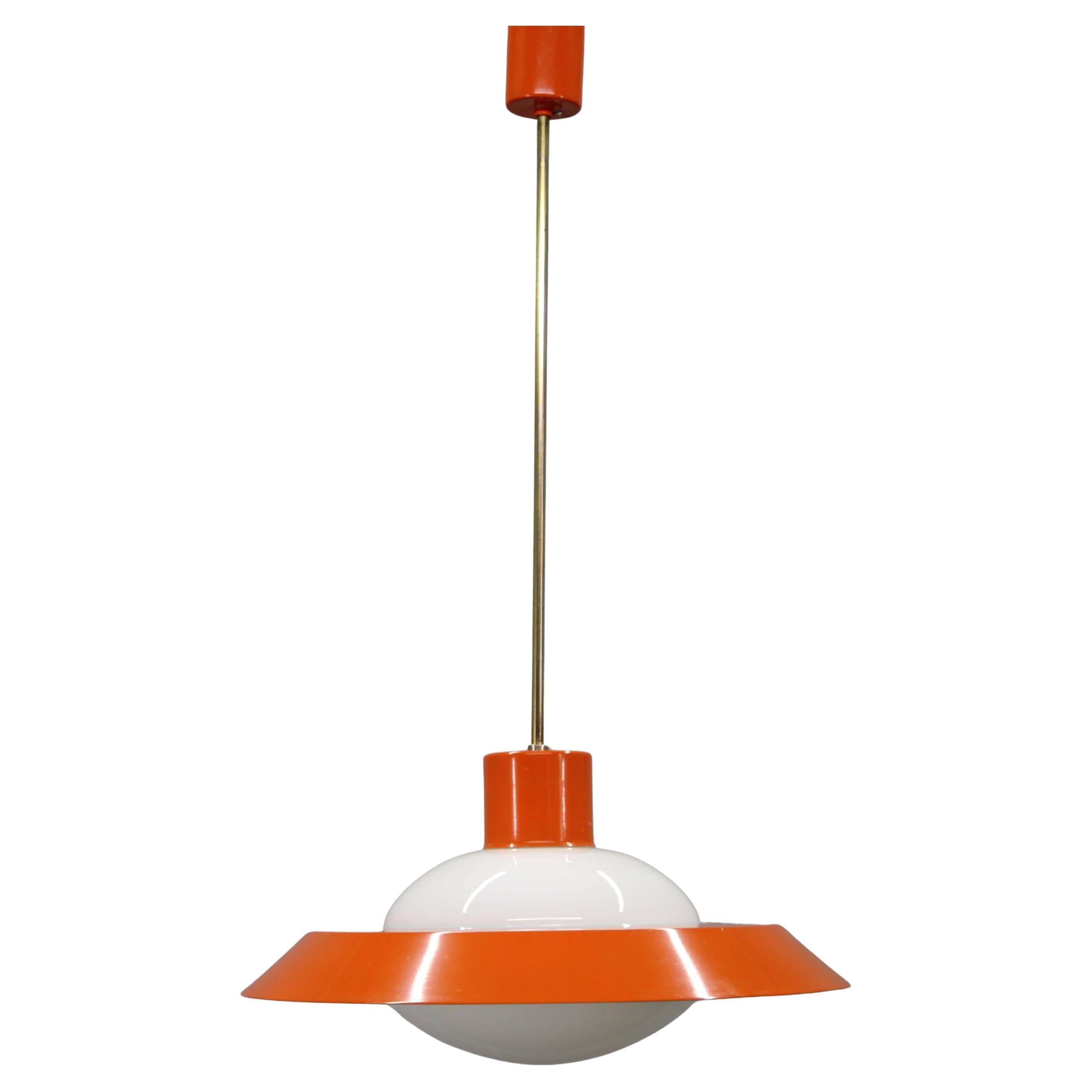 1970s Czechoslovak Mid-Century Orange Opaline Glass Pendant Lamp For Sale