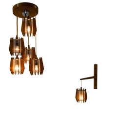 1970s Czechoslovakian Chandelier & Wall Lamp by Dřevo Humpolec