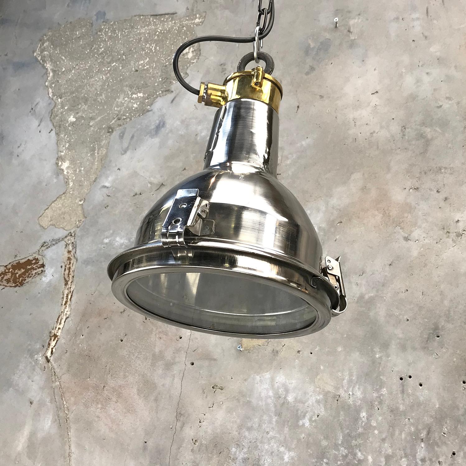 1970s Daeyang Stainless Steel, Brass and Glass Small Ceiling Pendant Light 6