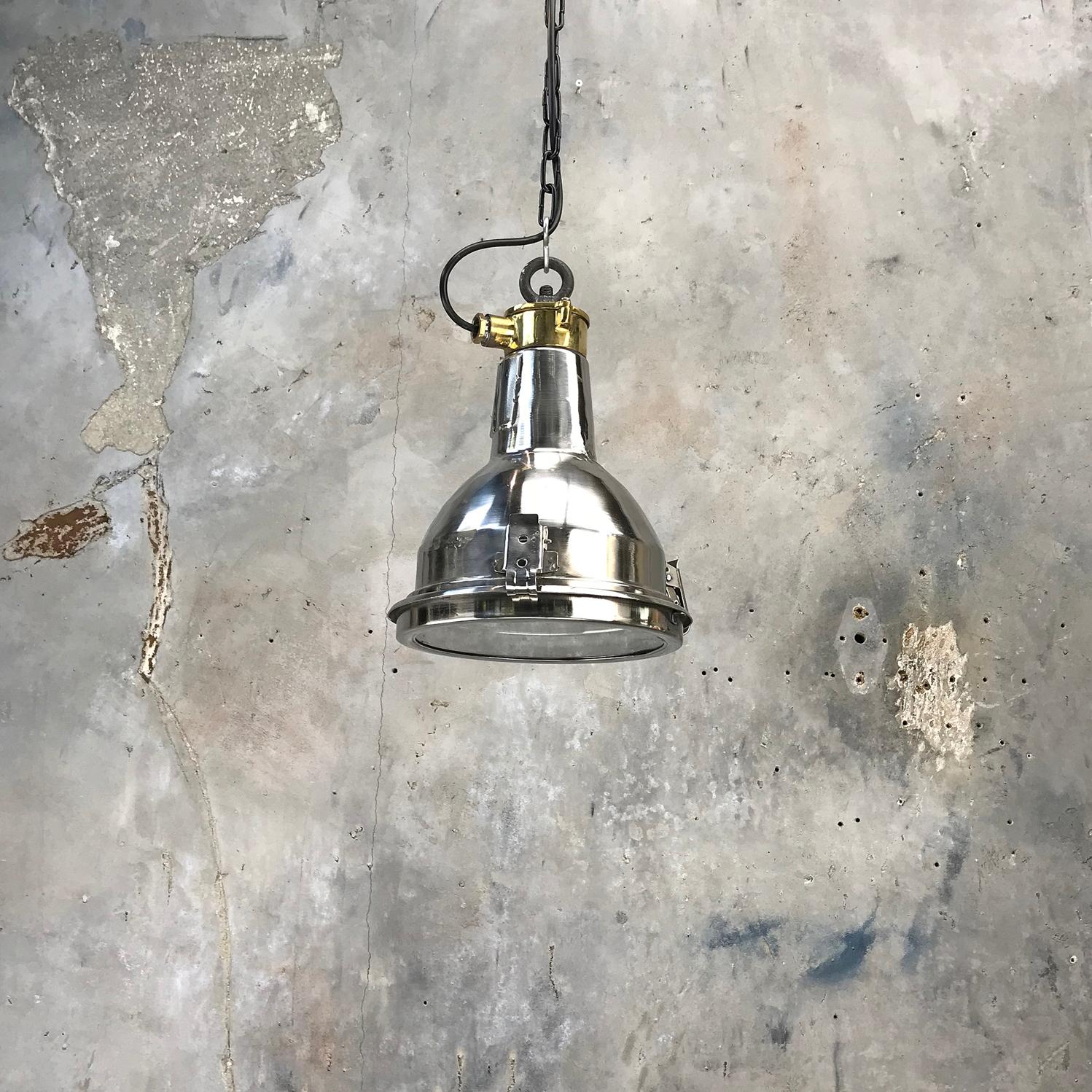Industrial 1970s Daeyang Stainless Steel, Brass and Glass Small Ceiling Pendant Light