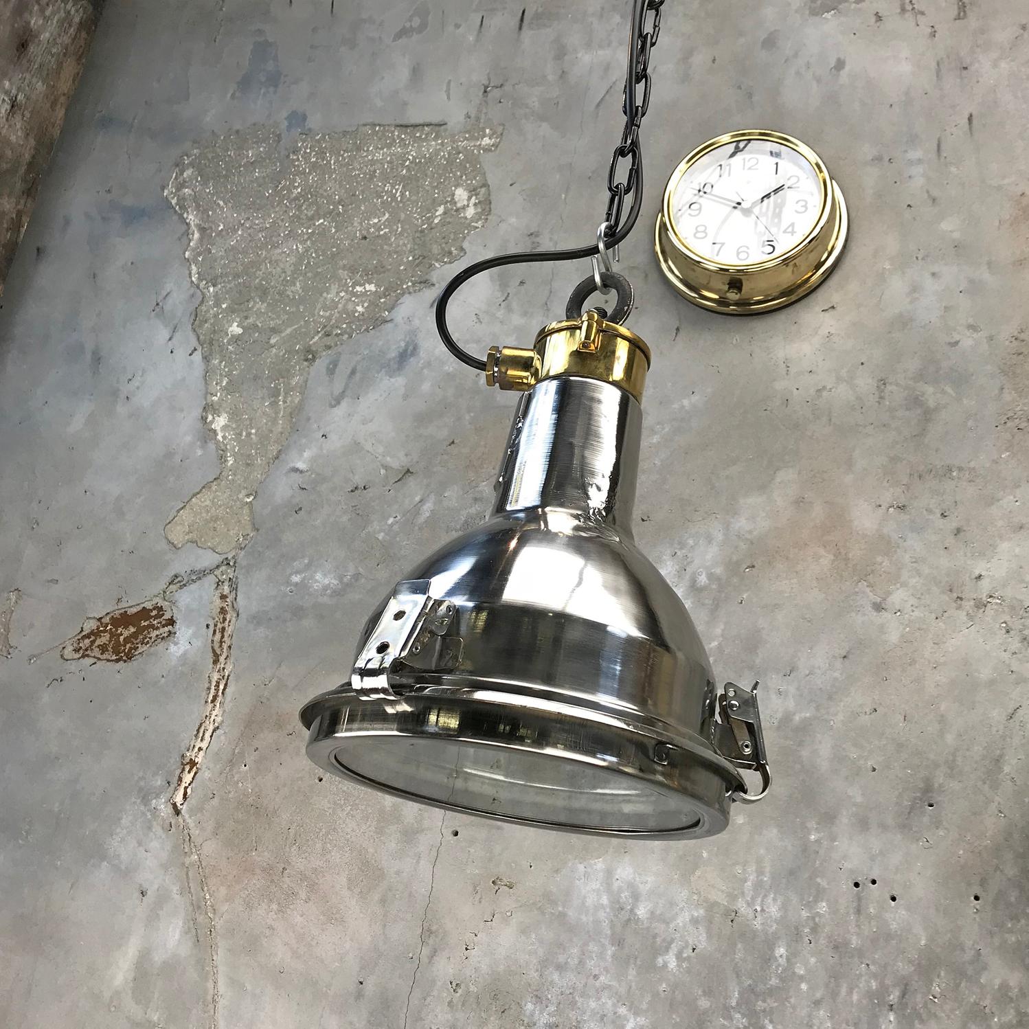 Cast 1970s Daeyang Stainless Steel, Brass and Glass Small Ceiling Pendant Light