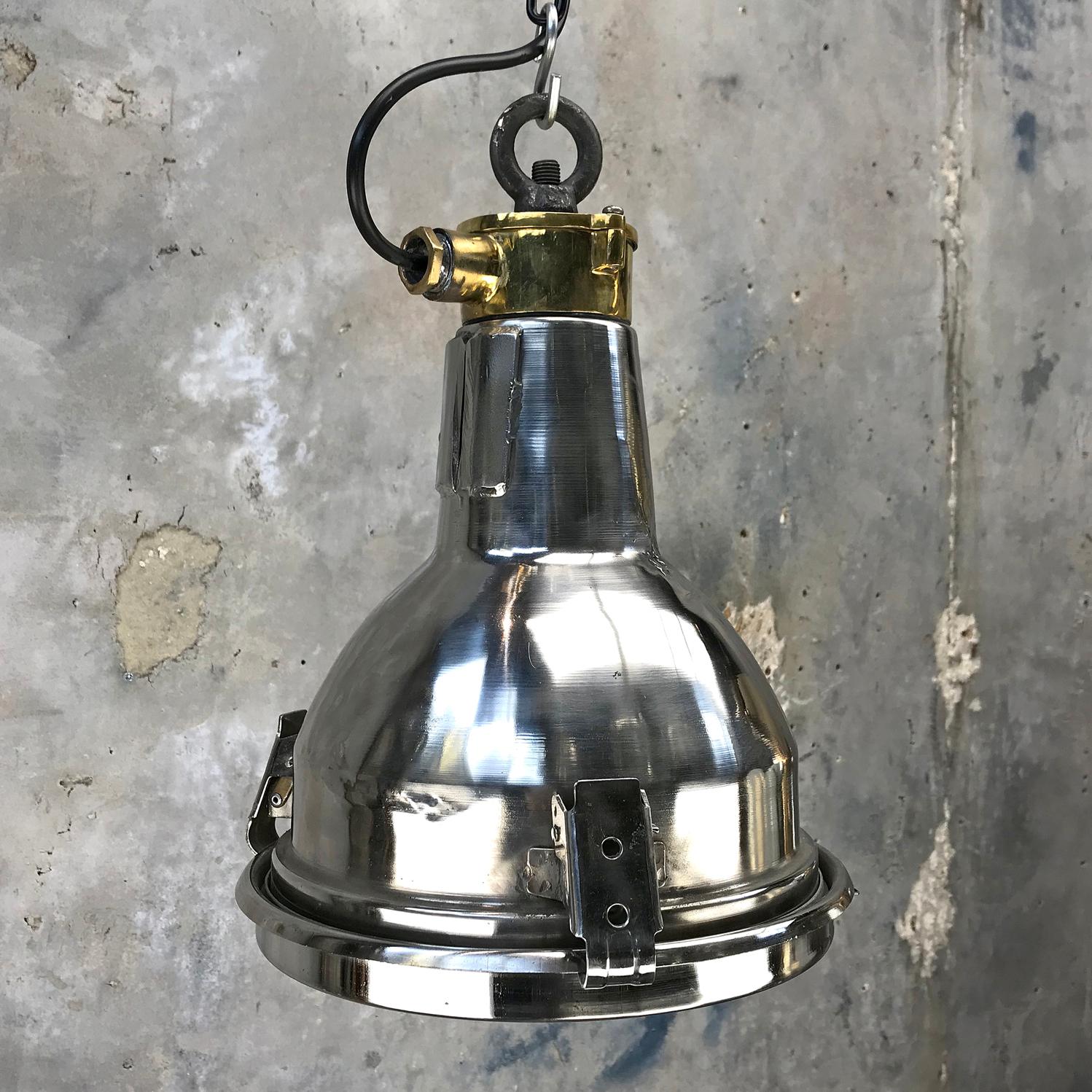 1970s Daeyang Stainless Steel, Brass and Glass Small Ceiling Pendant Light In Good Condition In Leicester, Leicestershire