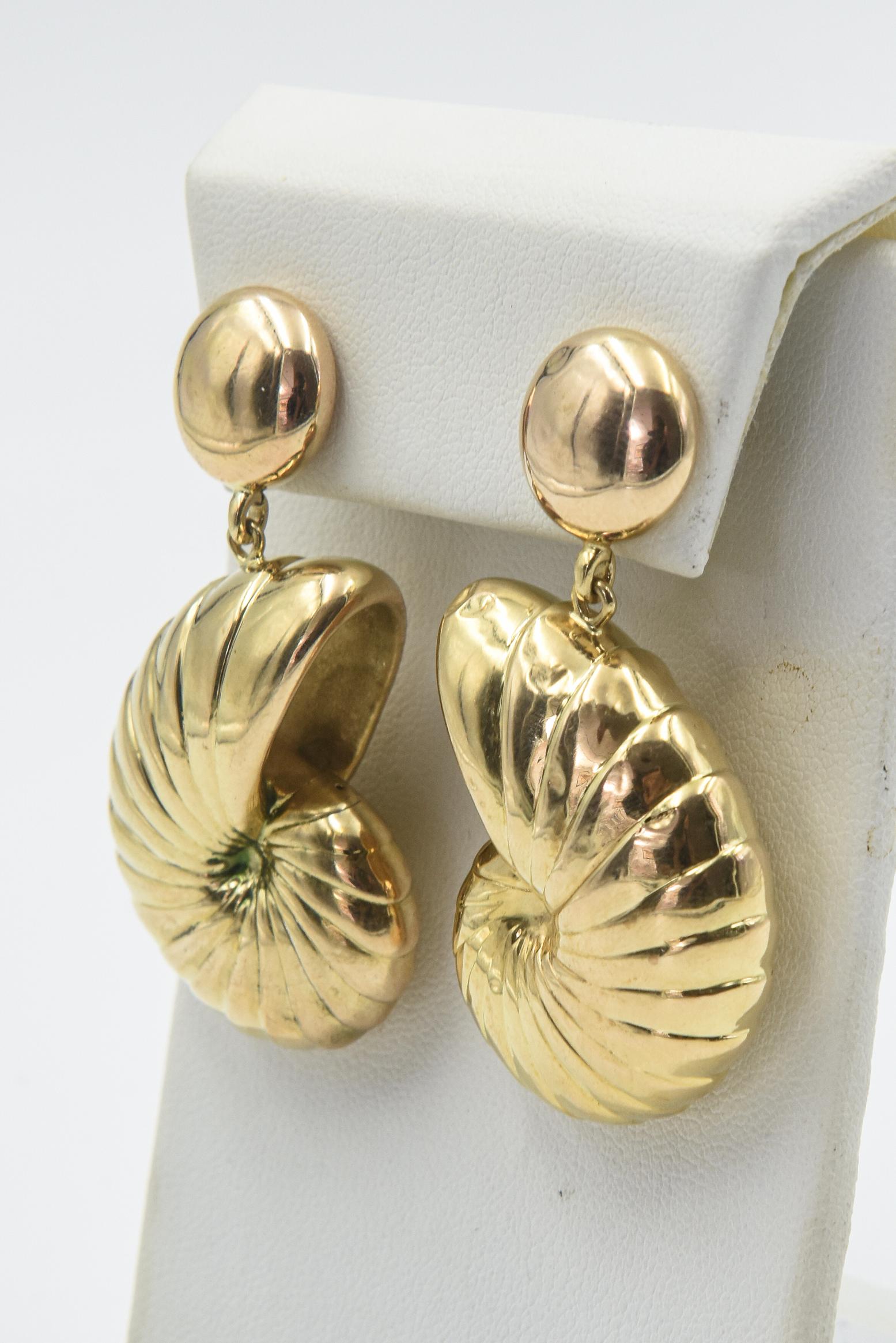 Impressive 14k yellow gold natilus shell earrings dangling from a rose gold 14 button earring.  These earrings are large, but hollow so light weight and easy to wear.  They are   2