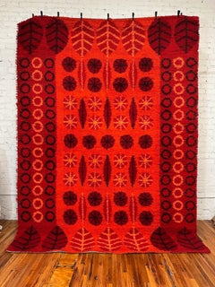 1970's DANIA TAEPPER Leaves Circles Red UNUSED Mid Century Danish Wool Rya Rug