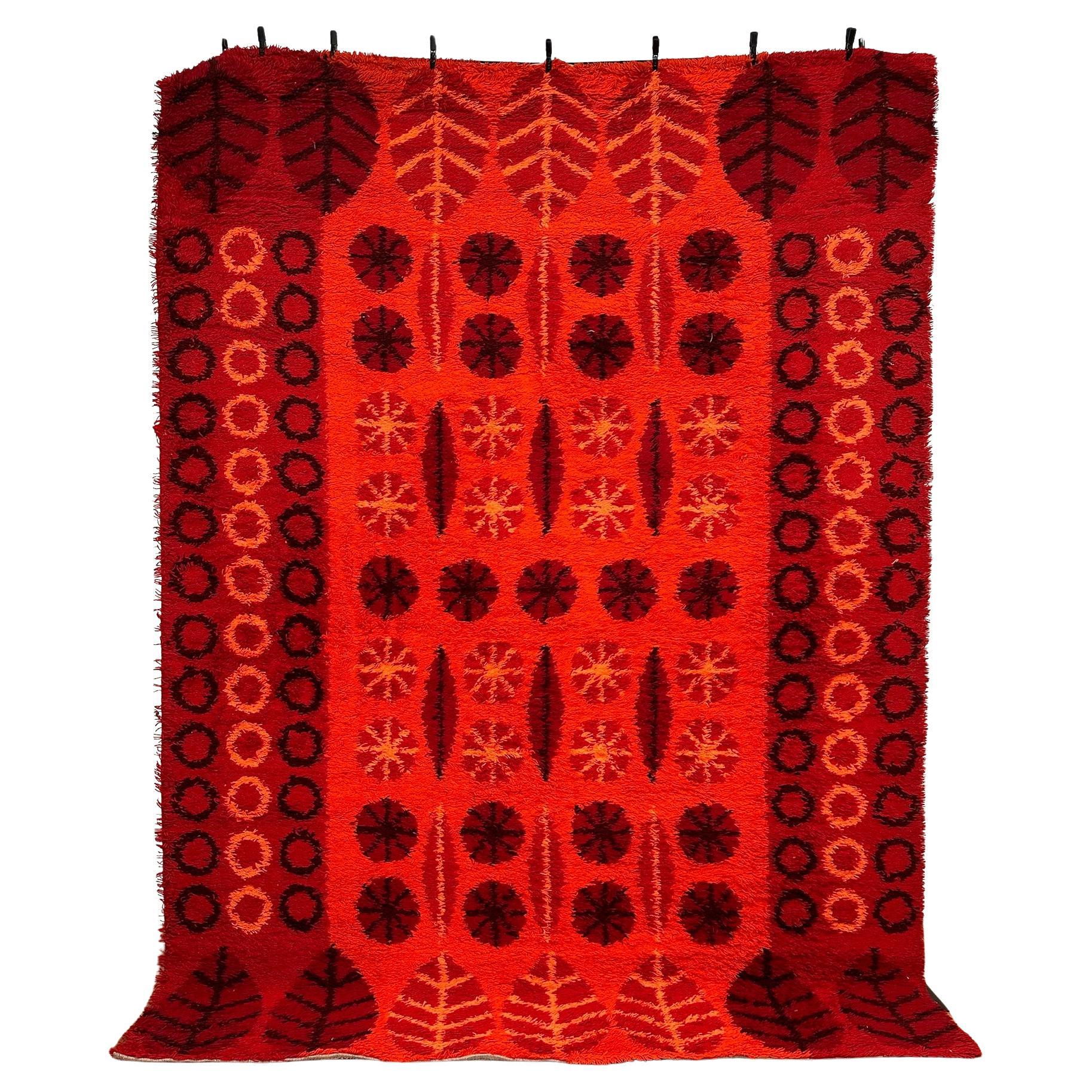 Tappeto Dania Taepper anni '70 con foglie e cerchi rossi, non usato, della metà del secolo scorso, in lana danese.