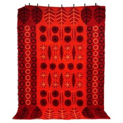Retro 1970's DANIA TAEPPER Leaves Circles Red UNUSED Mid Century Danish Wool Rya Rug