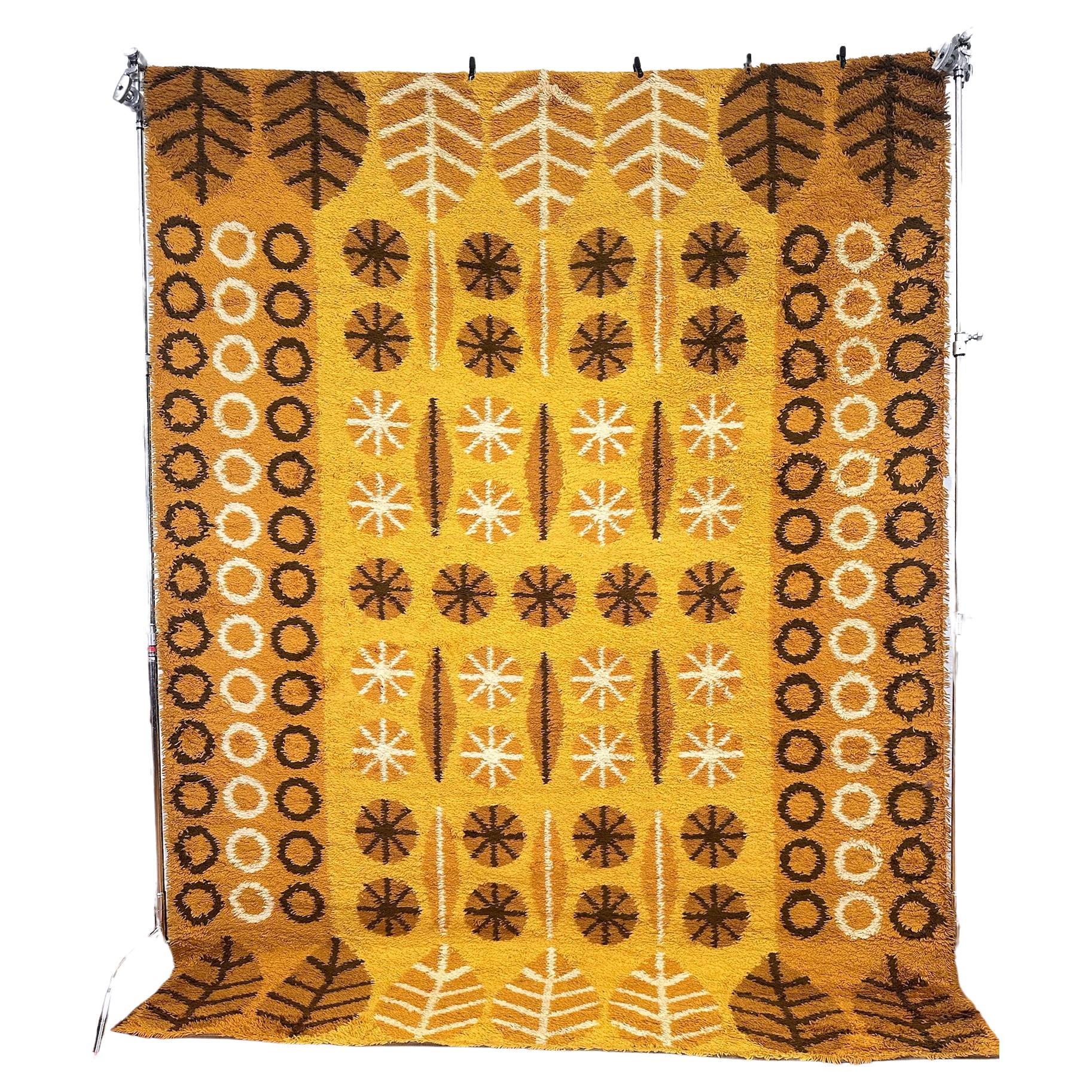 1970
s DANIA TAEPPER Yellow Brown Circle UNUSED Mid Century Danish Wool Rya Rug