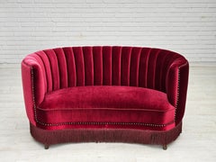 1970s, Danish 2-seater "Banana" sofa, original cherry-red velour.