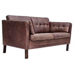 Retro 1970s, Danish 2-seater classic sofa, original brown leather.