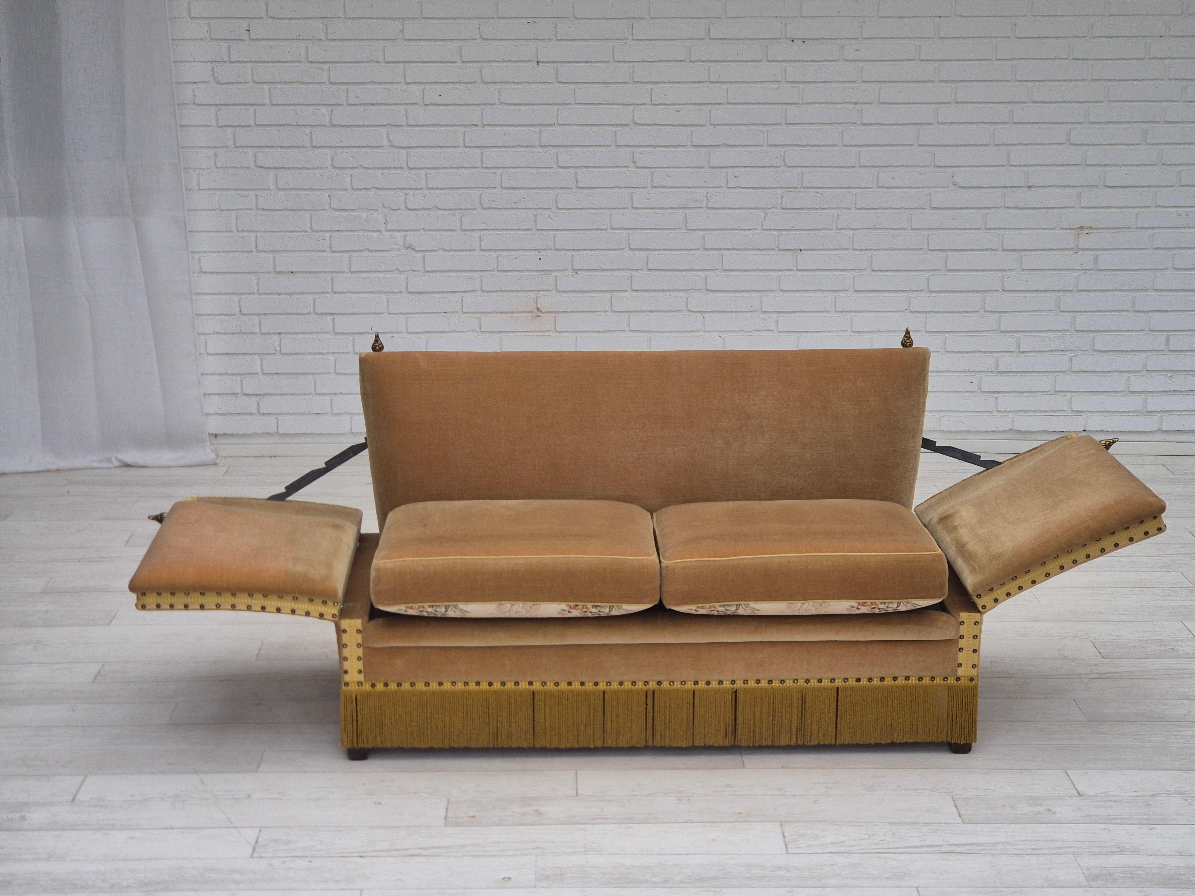 1970s, Danish 2-seater drop arm sofa, furniture velour, adjustable armrests. In Good Condition In Tarm, 82