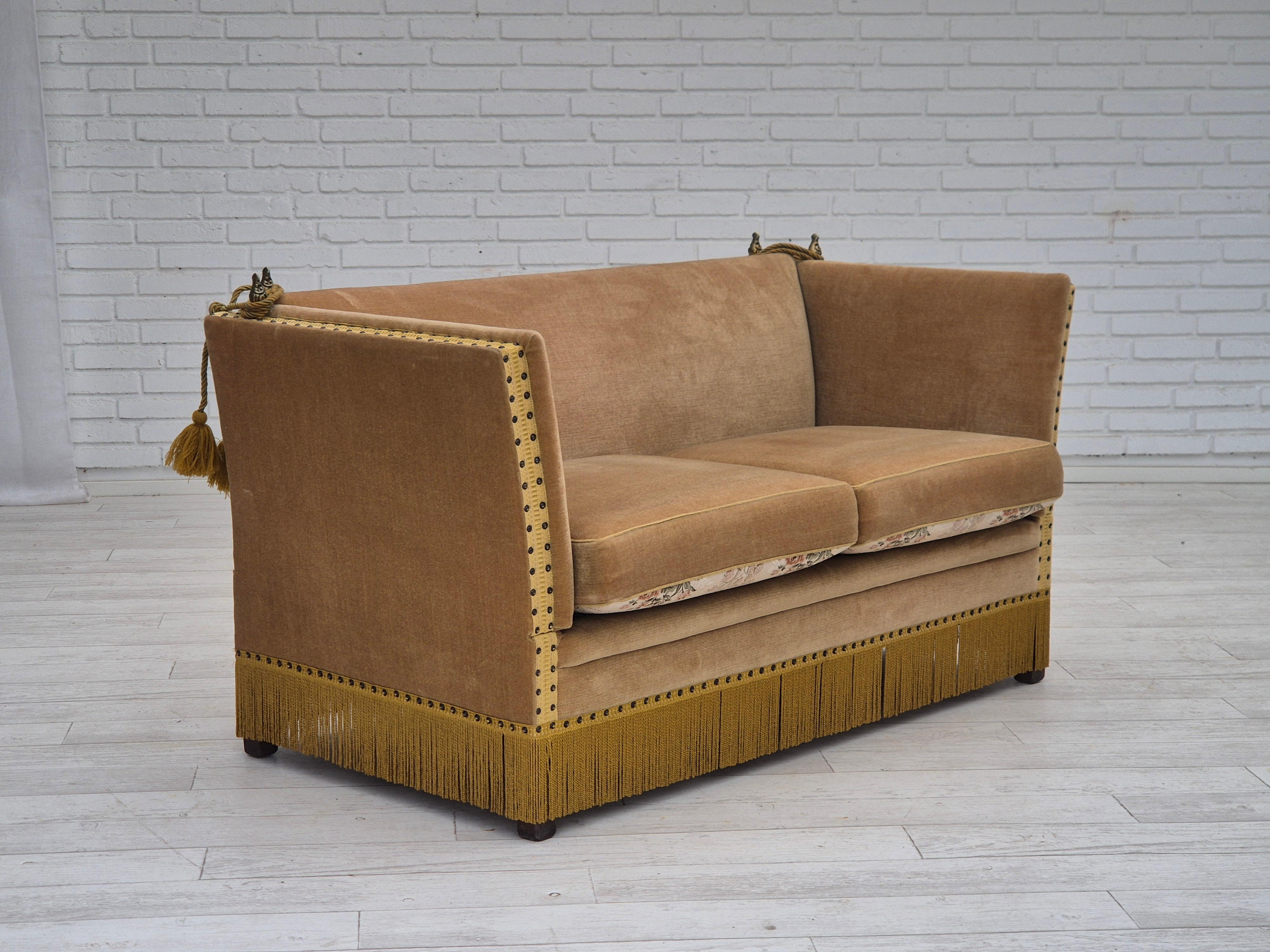 Late 20th Century 1970s, Danish 2-seater drop arm sofa, furniture velour, adjustable armrests.