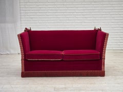 1970s, Danish 2-seater drop arm "Spanish" sofa, red furniture velour.