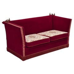 1970s, Danish 2-seater drop arm "Spanish" sofa, red furniture velour.
