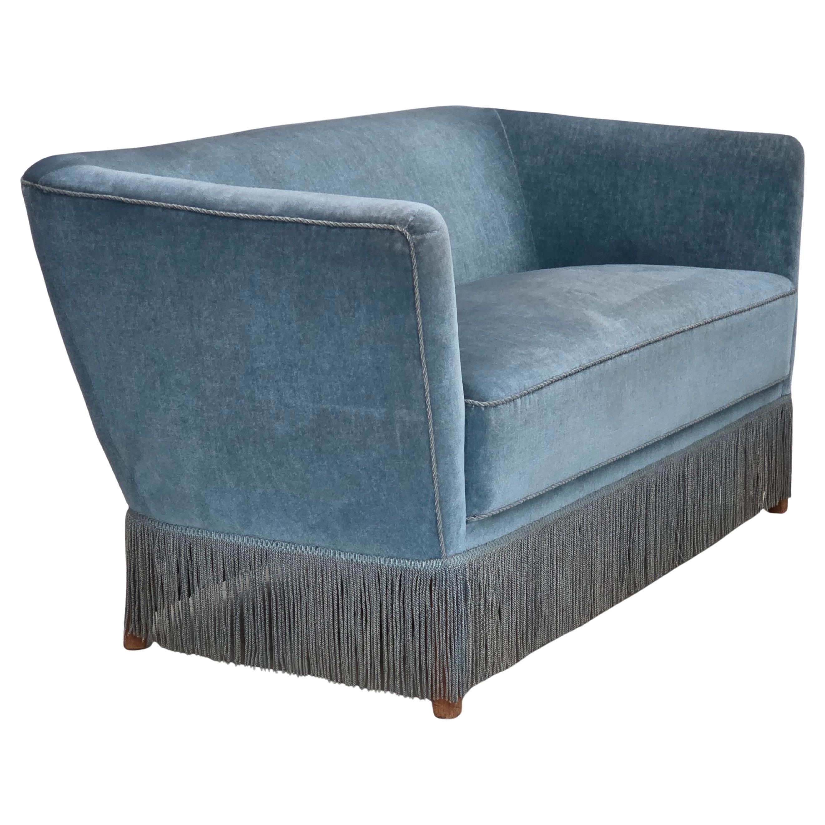 1970s, Danish 2-seater sofa, blue furniture velour, oak wood legs.