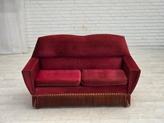 1970s, Danish 2-seater sofa, cherry red furniture velour.