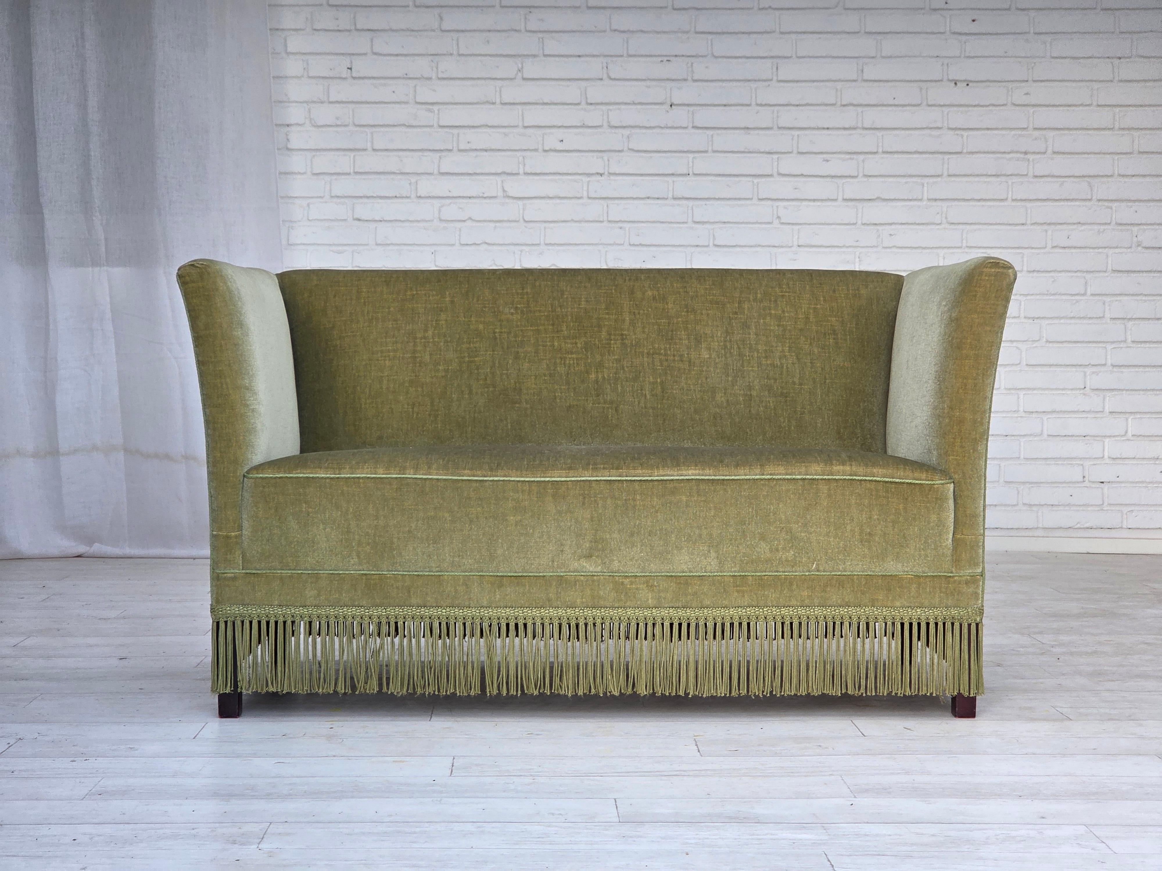 1970s, Danish 2-seater sofa. Green furniture velour, springs in the seat, beech wood legs. Original very good condition: no smells, no stains and stable construction. Manufactured by Danish furniture maker in about 1970-75s. Original Scandinavian