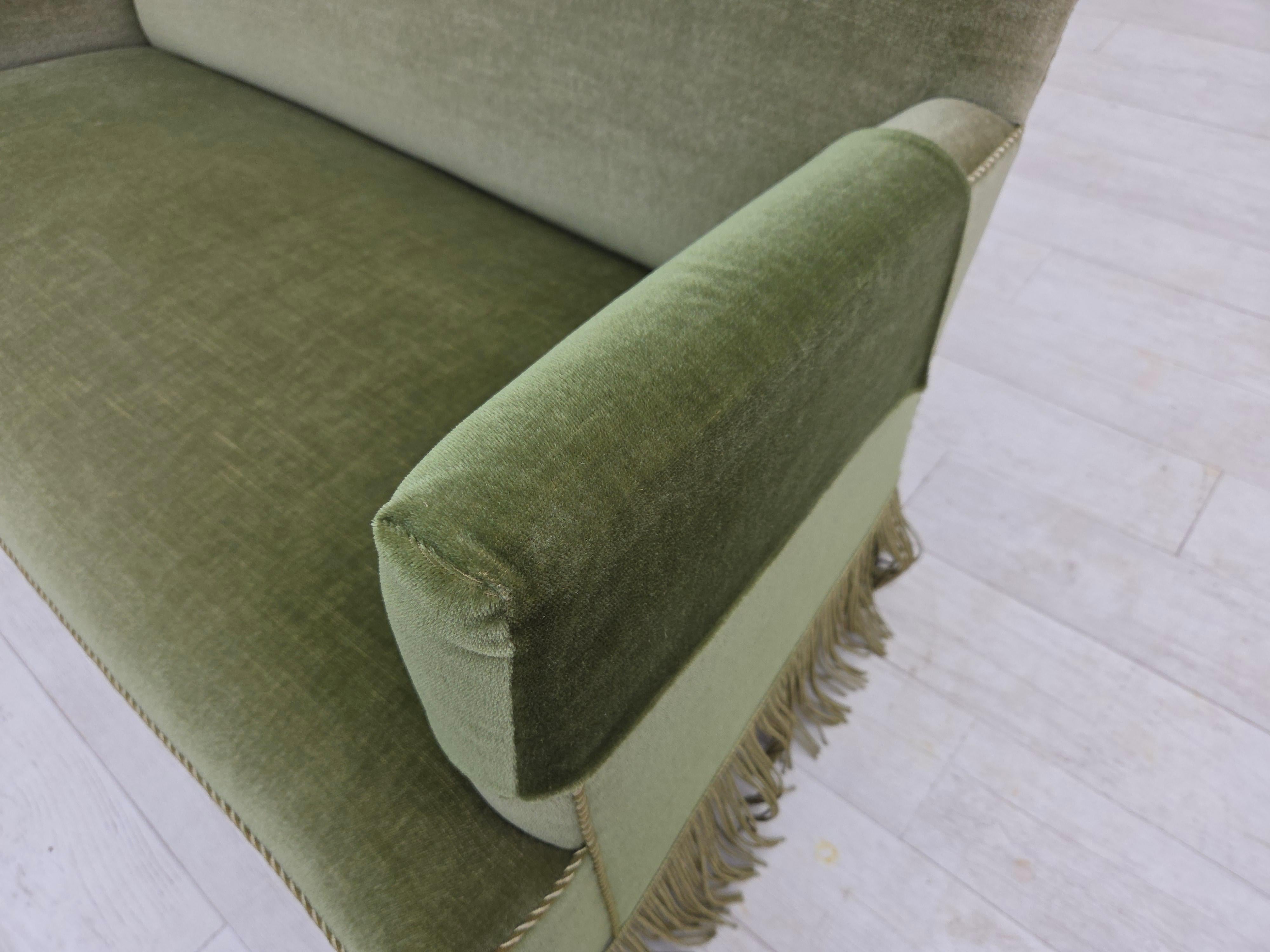 1970s, Danish 2-seater sofa, green furniture velour, beech wood legs. For Sale 4