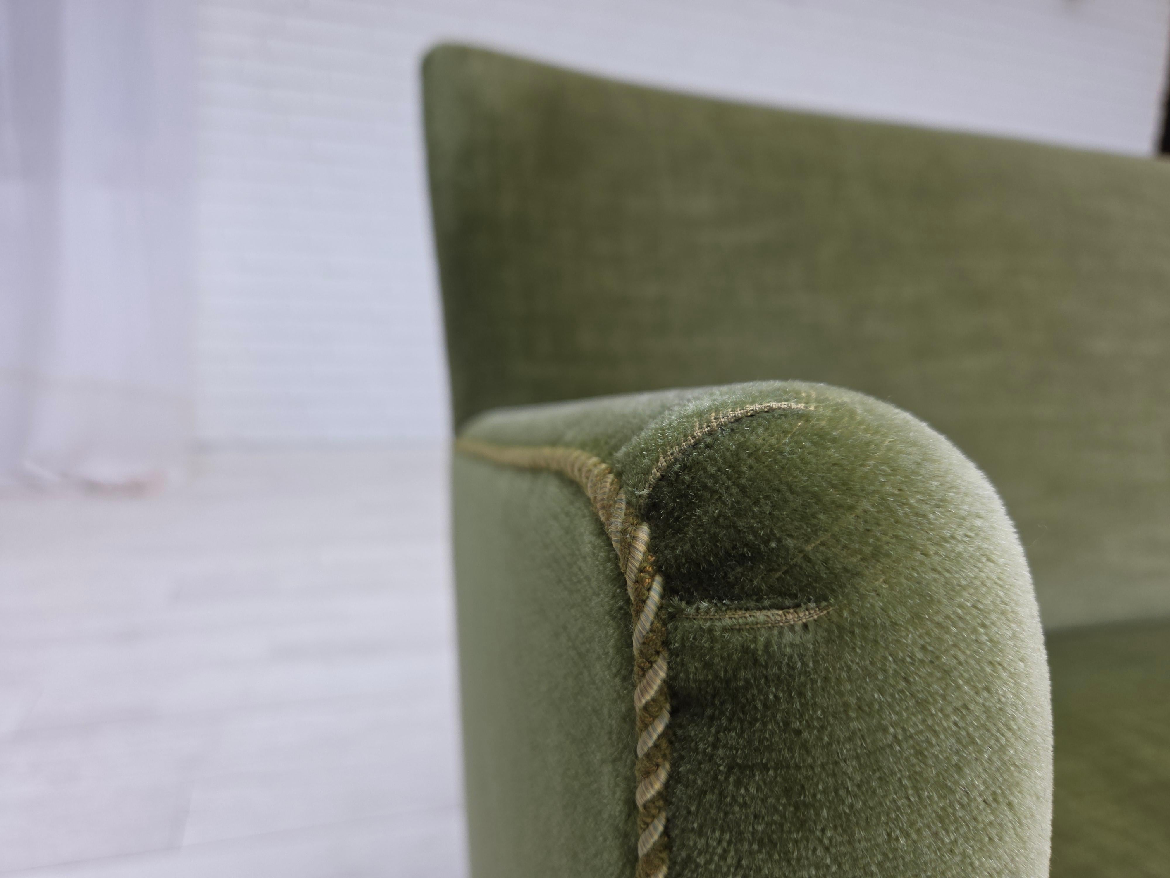 1970s, Danish 2-seater sofa, green furniture velour, beech wood legs. For Sale 9