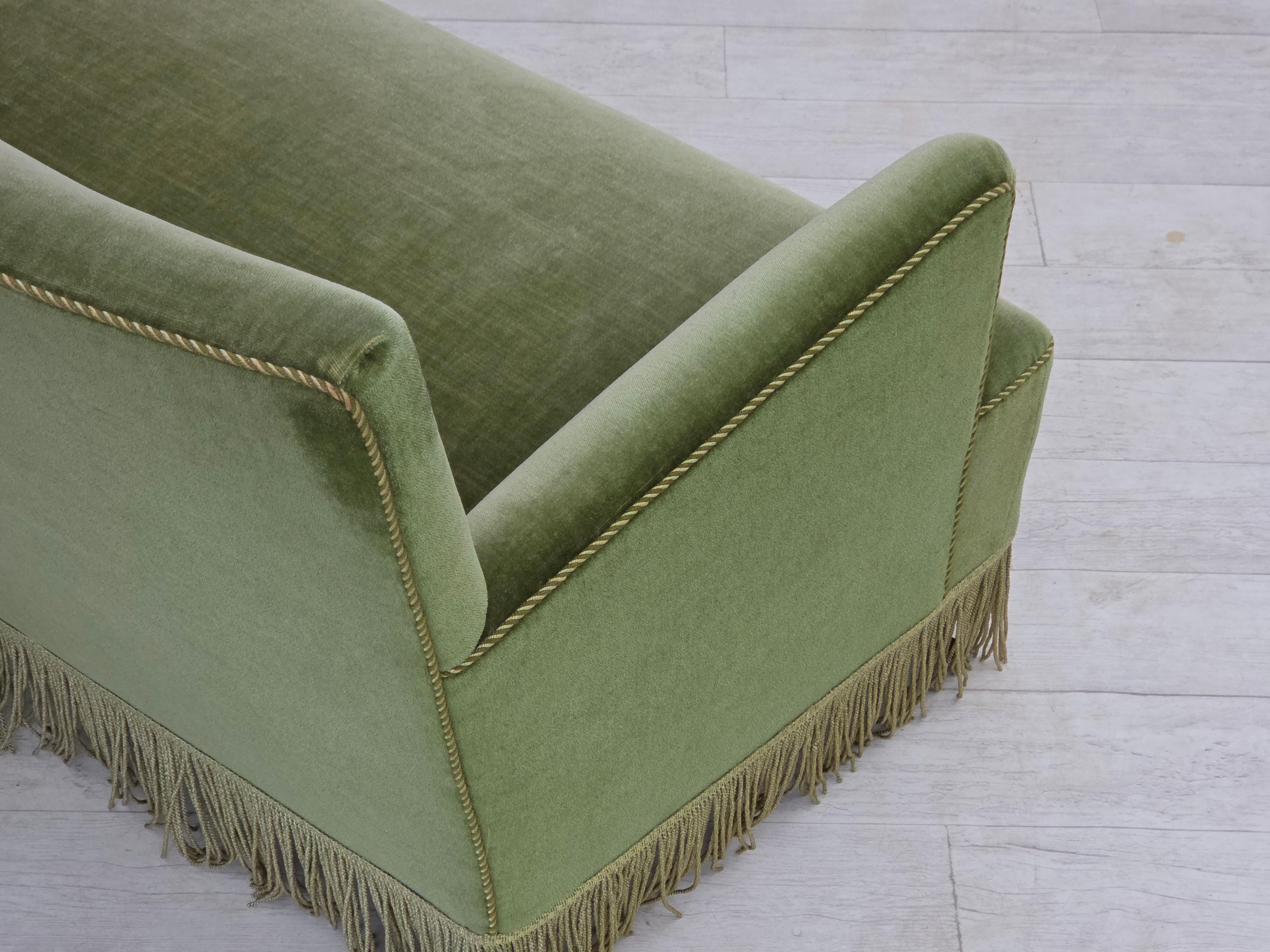 1970s, Danish 2-seater sofa, green furniture velour, beech wood legs. For Sale 11