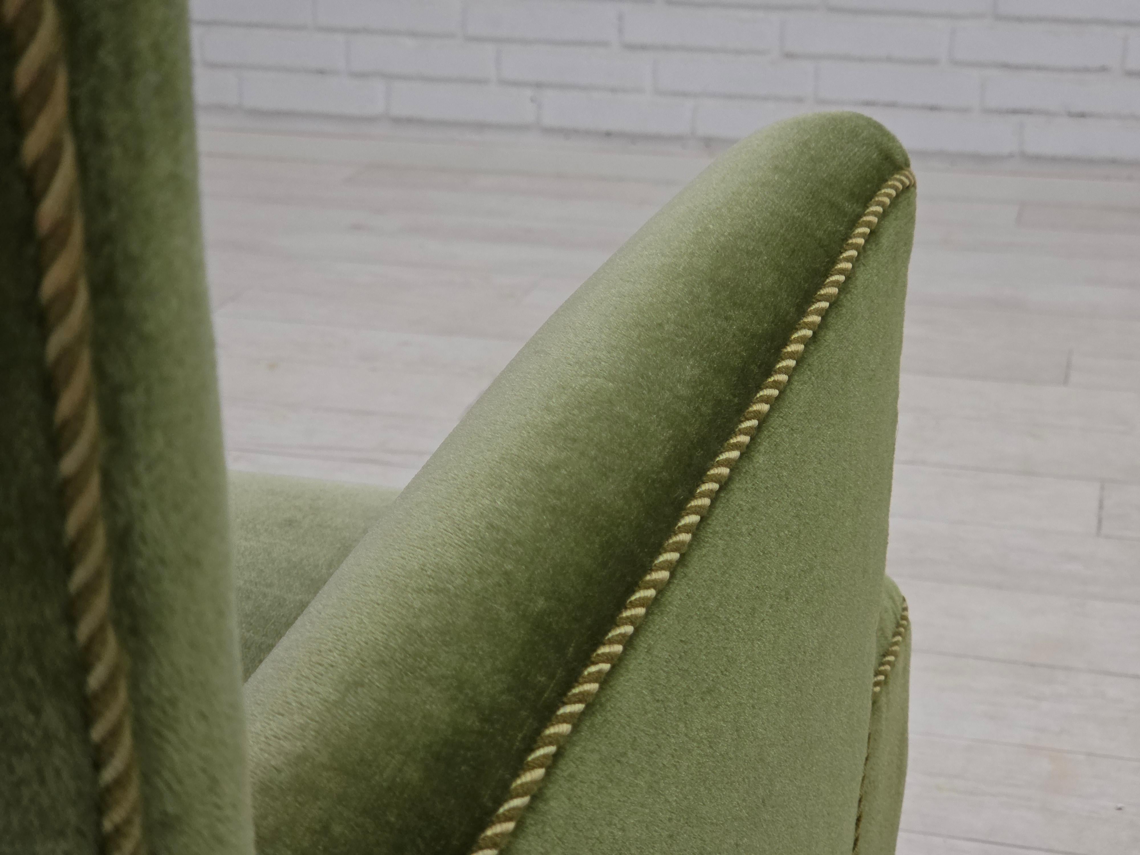 1970s, Danish 2-seater sofa, green furniture velour, beech wood legs. For Sale 12