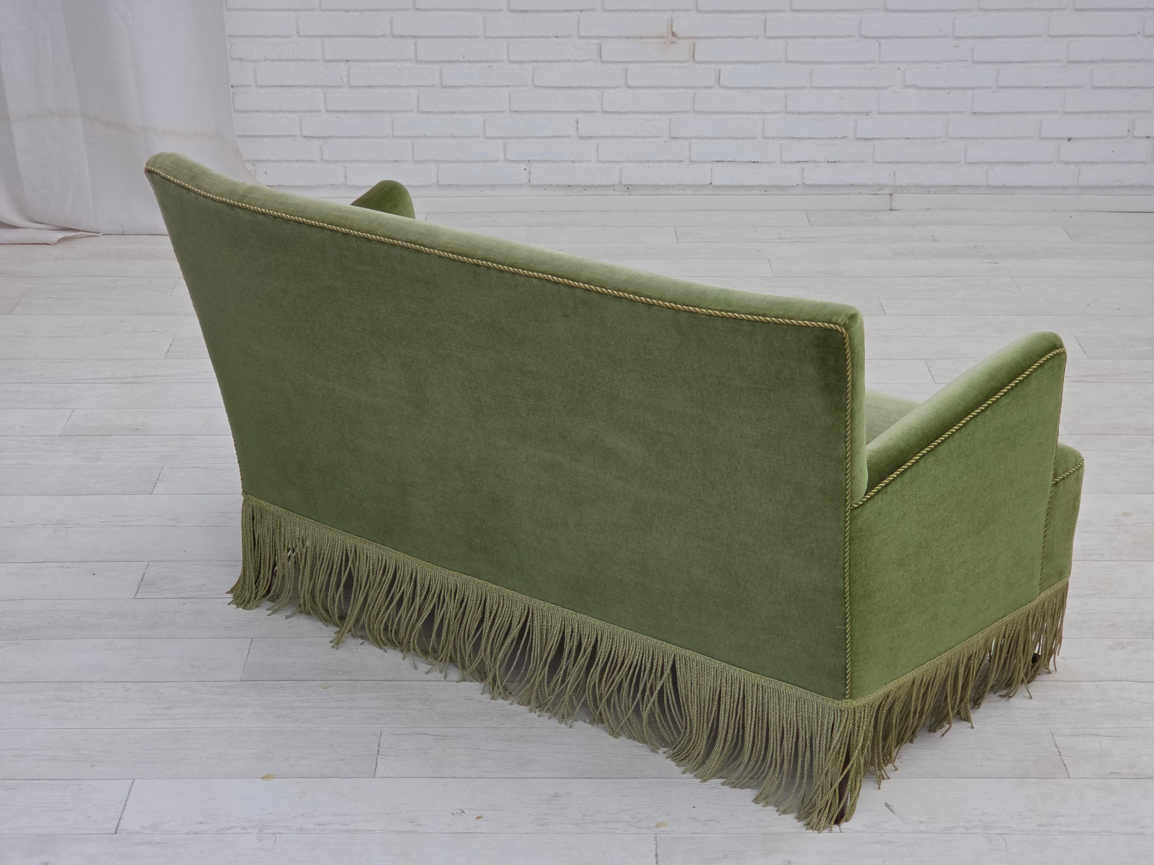 Scandinavian Modern 1970s, Danish 2-seater sofa, green furniture velour, beech wood legs. For Sale
